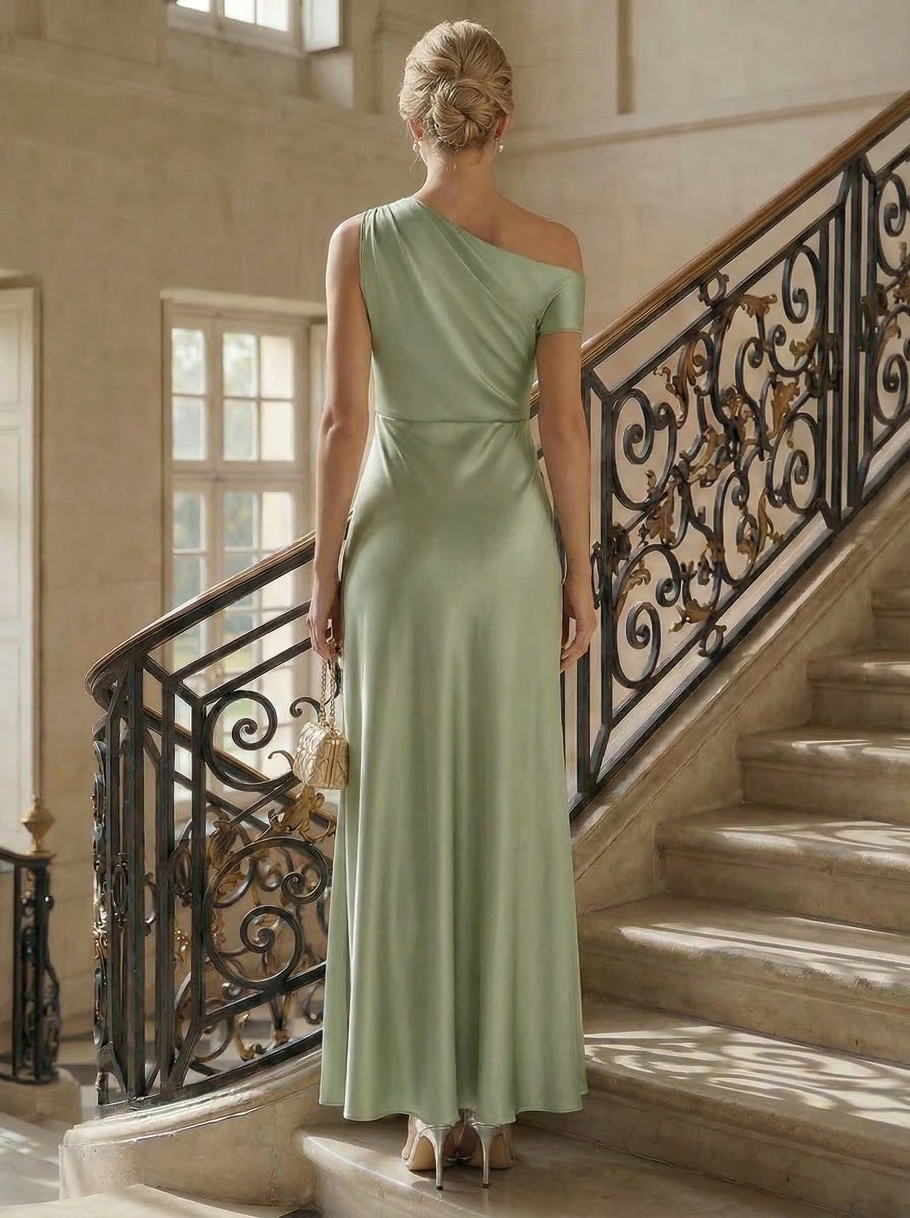 Convertible Satin Drop Shoulder Sleeve Dress #color_Sage Green