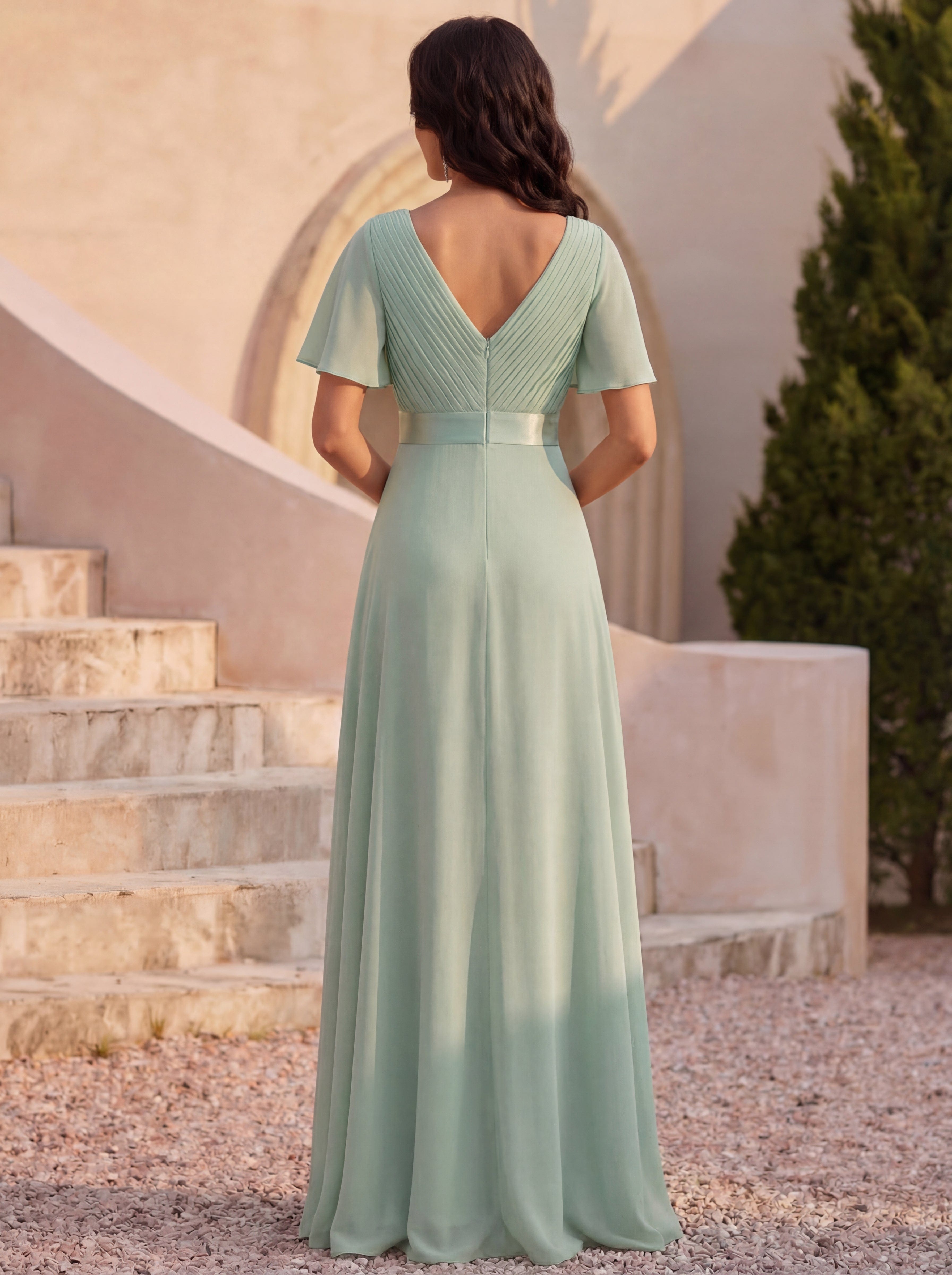 Long Empire Waist Bridesmaid Dress with Short Flutter Sleeves #color_Mint Green