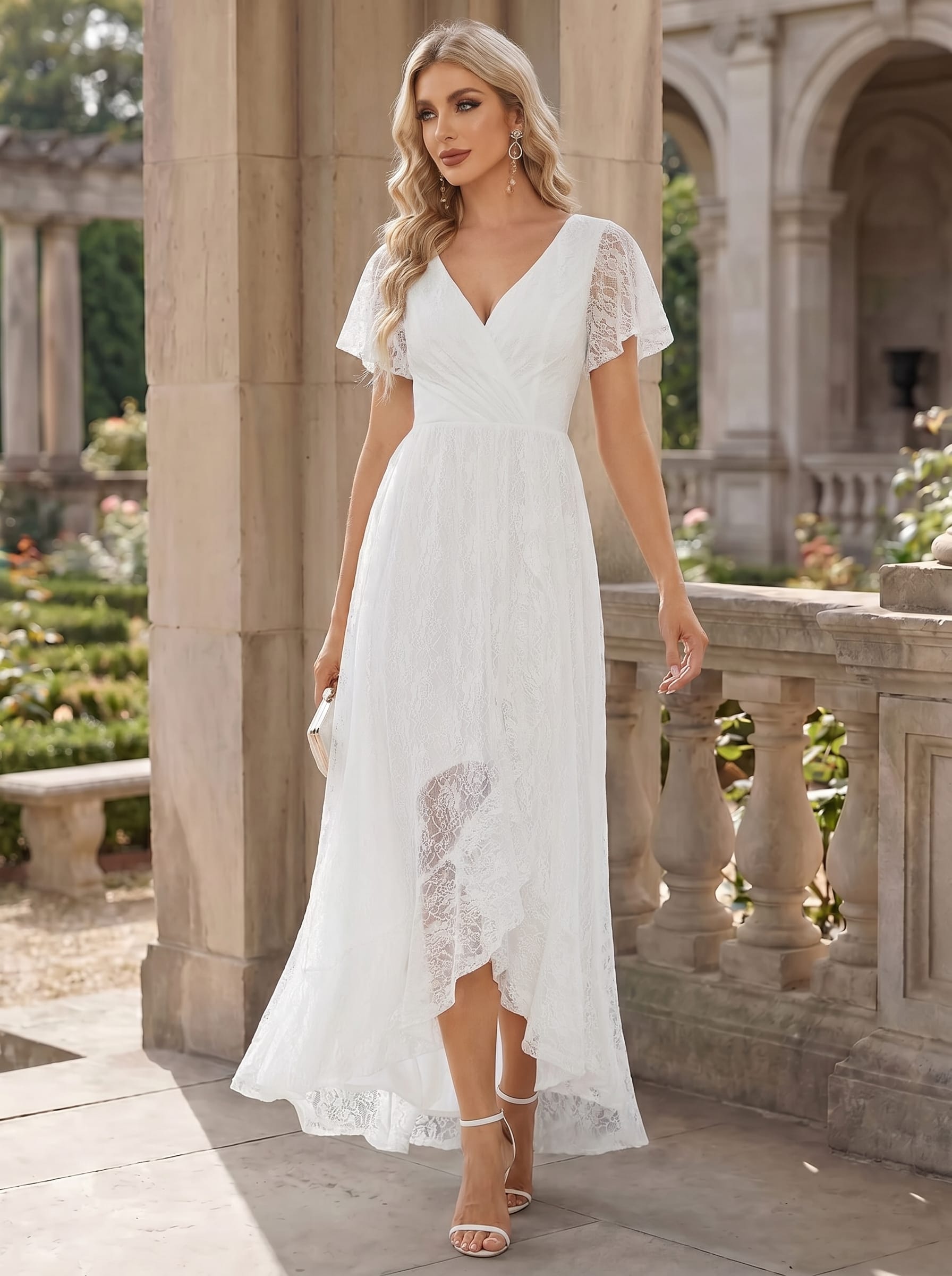 V-Neck Short Sleeve Pleated Ruffled Lace Evening Dress #Color_White