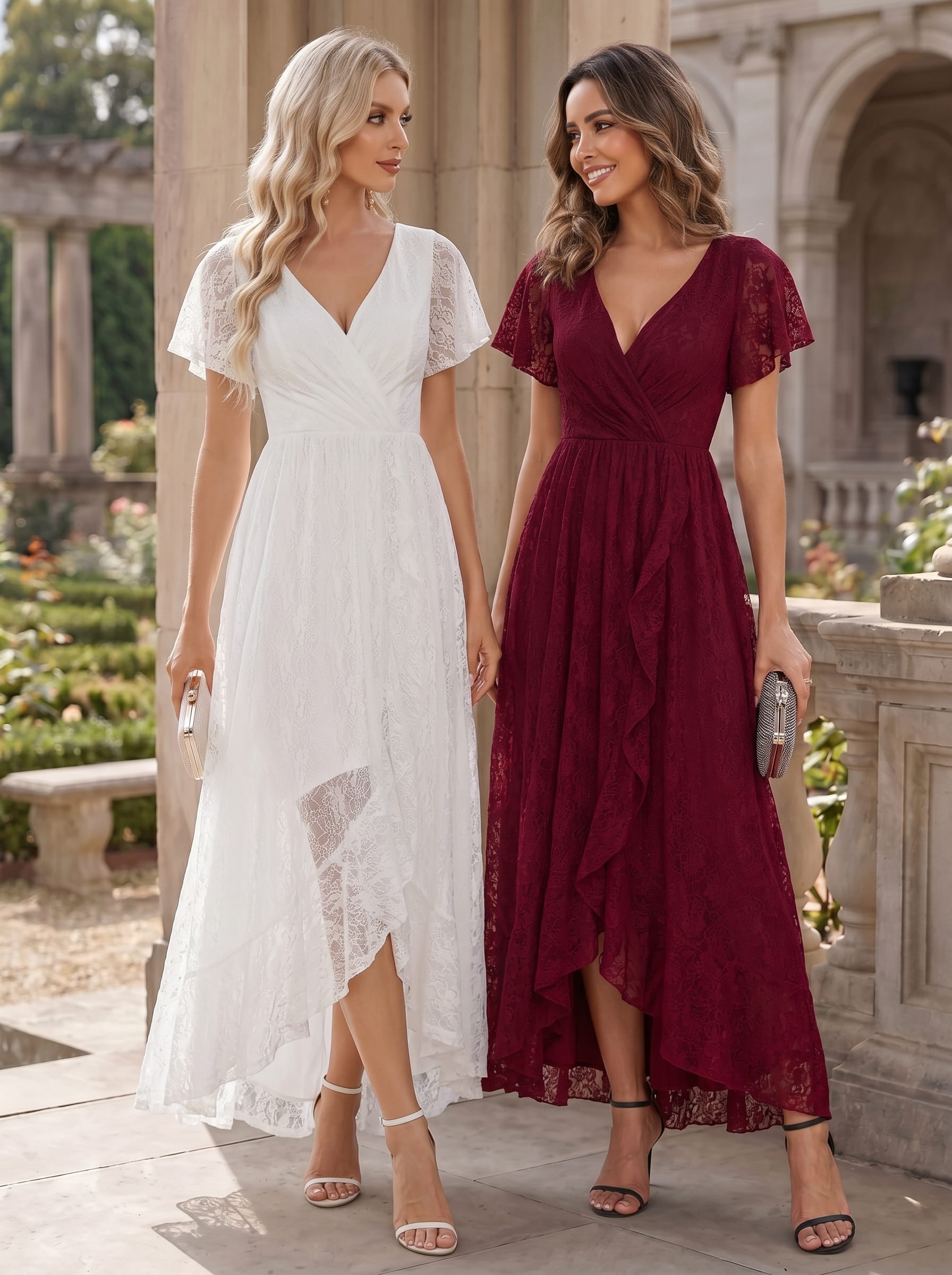 V-Neck Short Sleeve Pleated Ruffled Lace Evening Dress #Color_Burgundy