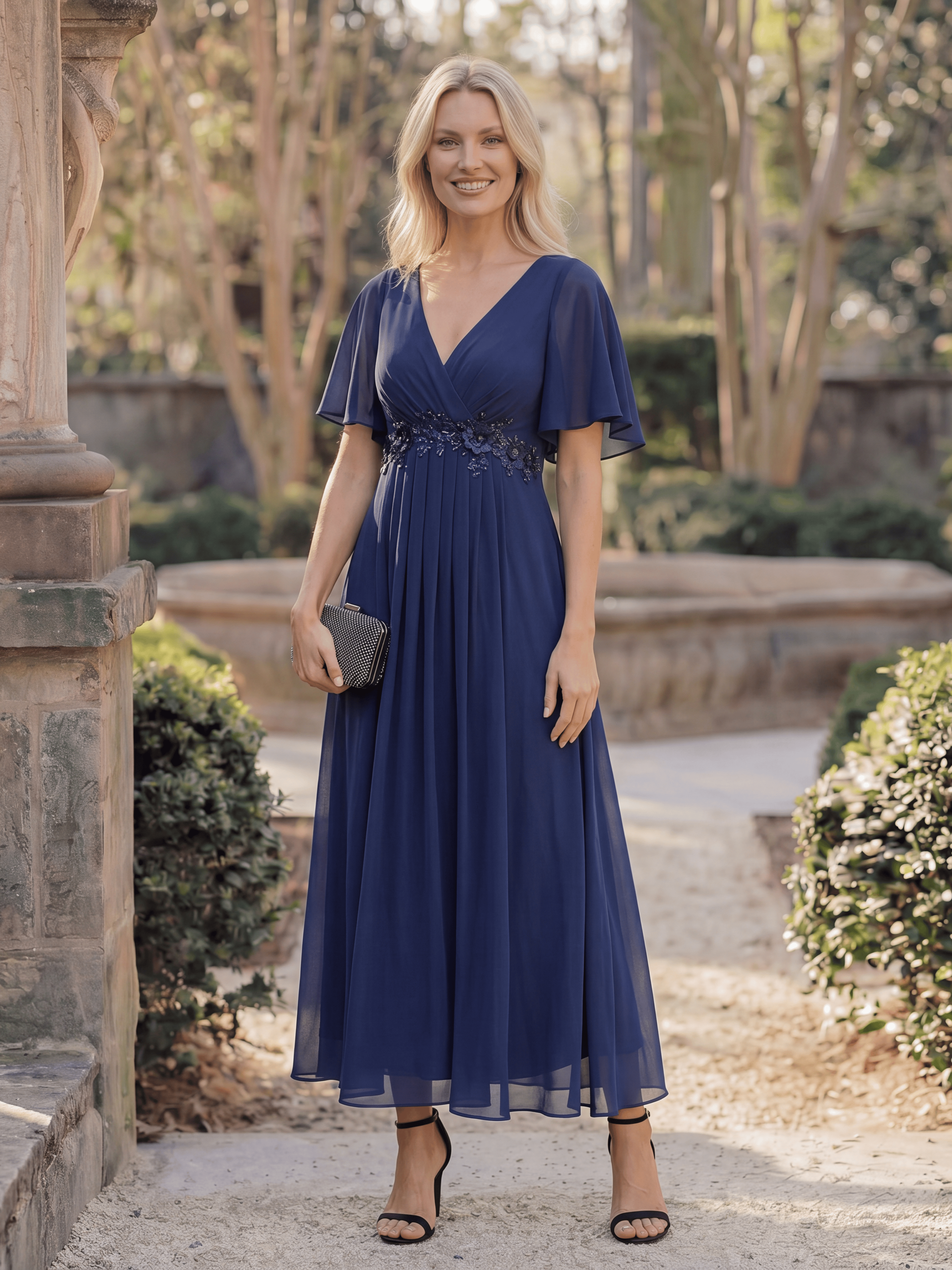 V-Neck Chiffon Wedding Guest Dress with Waist Applique #color_Navy Blue