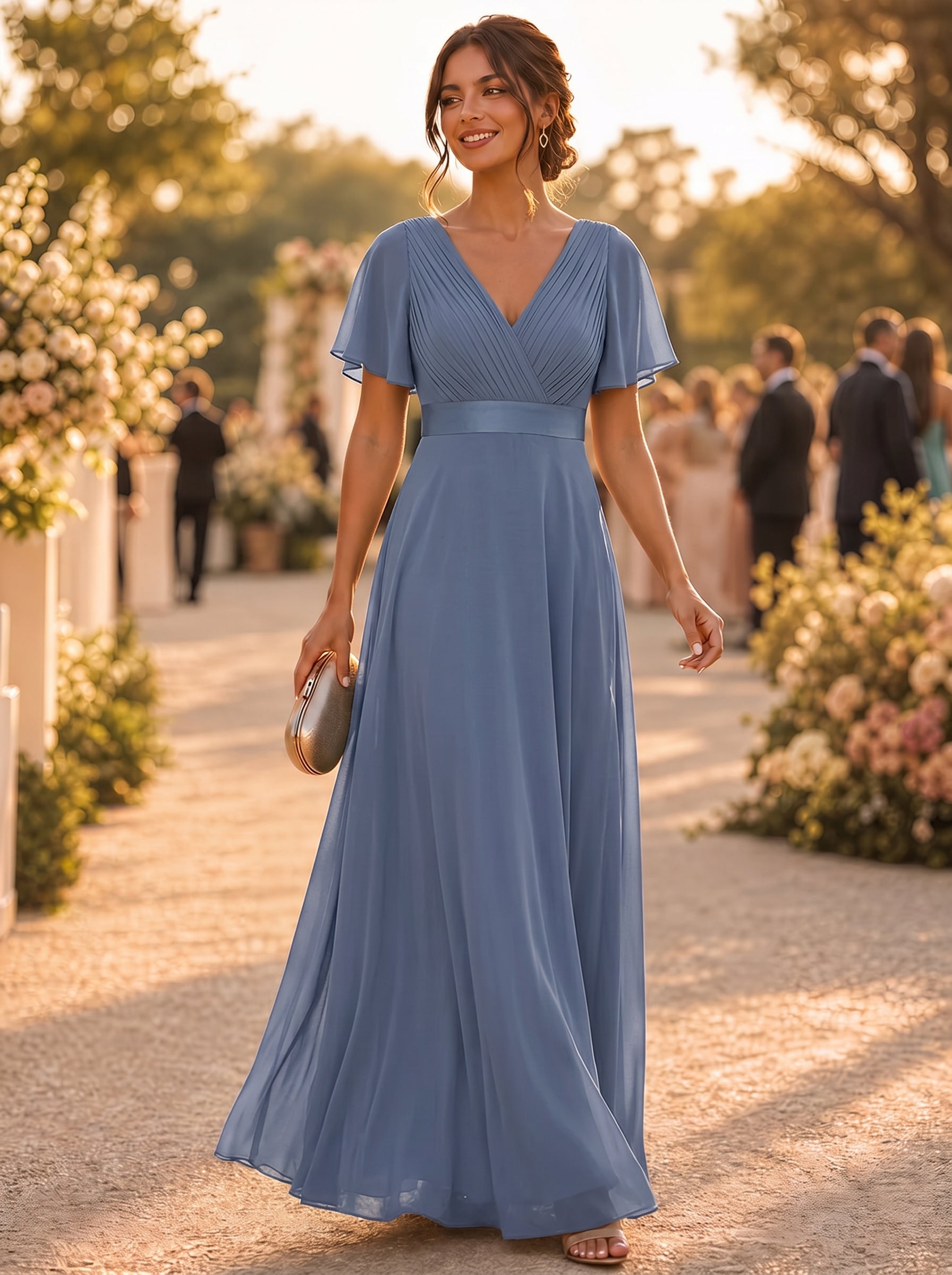 Long Empire Waist Bridesmaid Dress with Short Flutter Sleeves #color_Dusty Blue