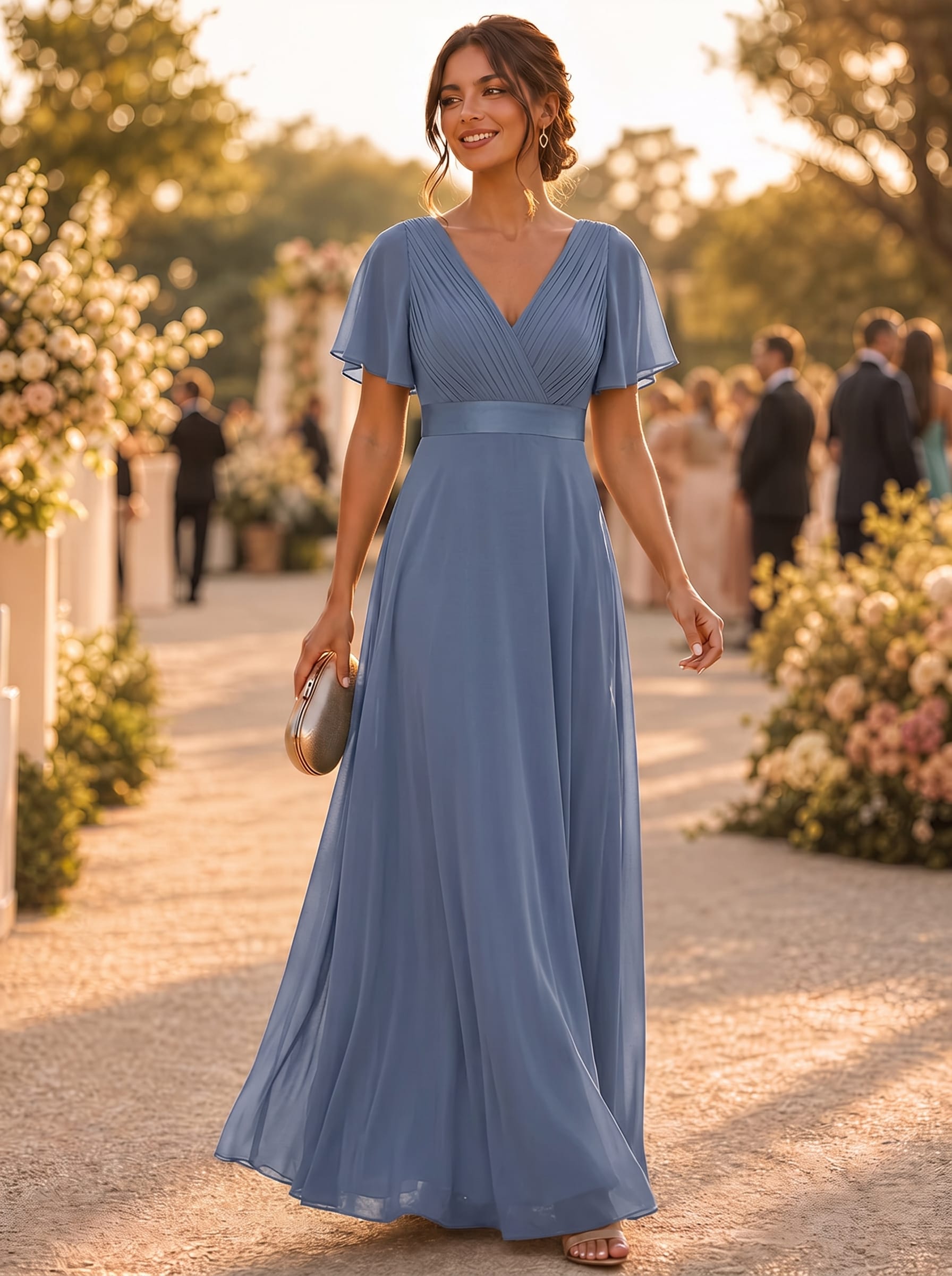 Long Empire Waist Bridesmaid Dress with Short Flutter Sleeves #color_Dusty Blue
