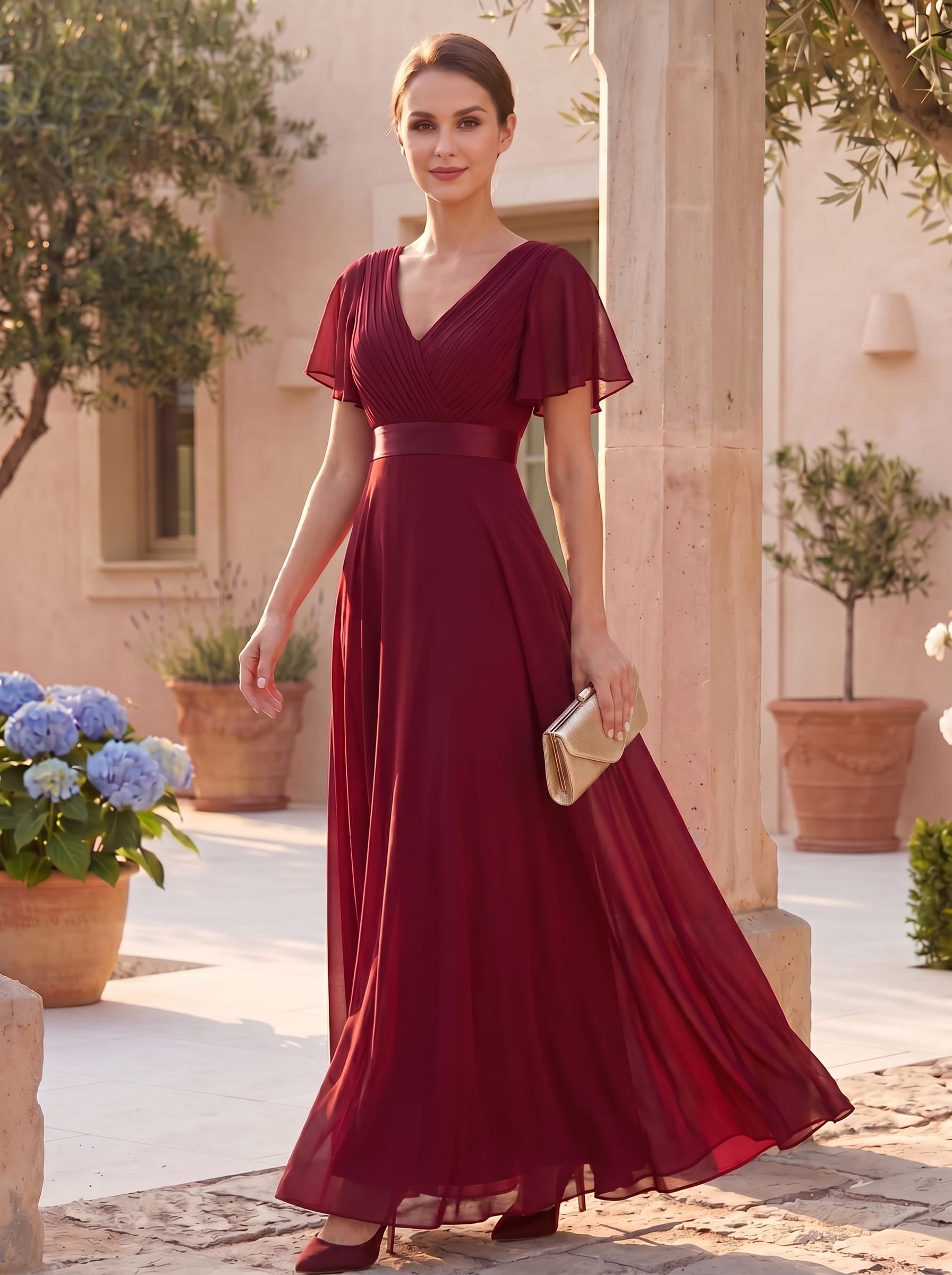Long Empire Waist Bridesmaid Dress with Short Flutter Sleeves #color_Burgundy