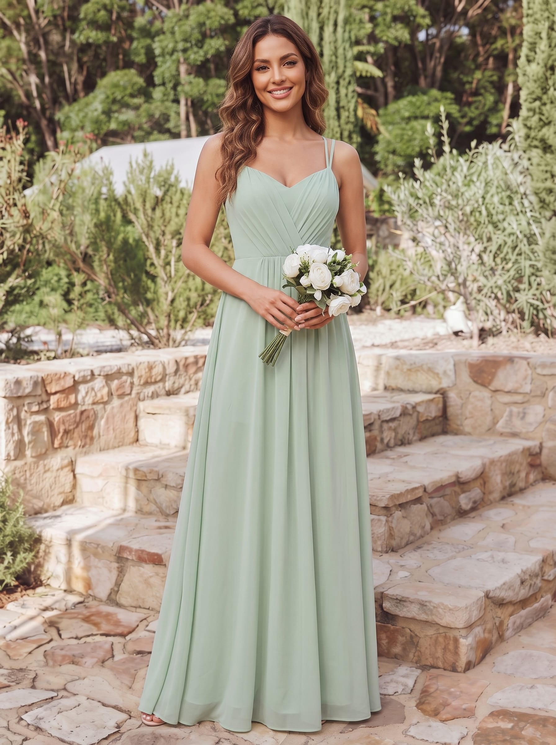 Chiffon and Lace Open Back Bridesmaid Dress with Spaghetti Straps #color_Mint Green