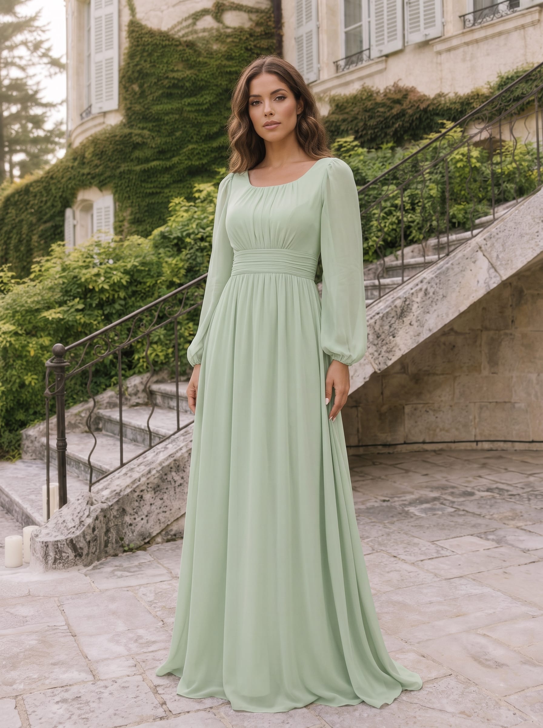 Chiffon Long Sleeve Pleated Floor Length Bridesmaid Dress #color_Mint Green