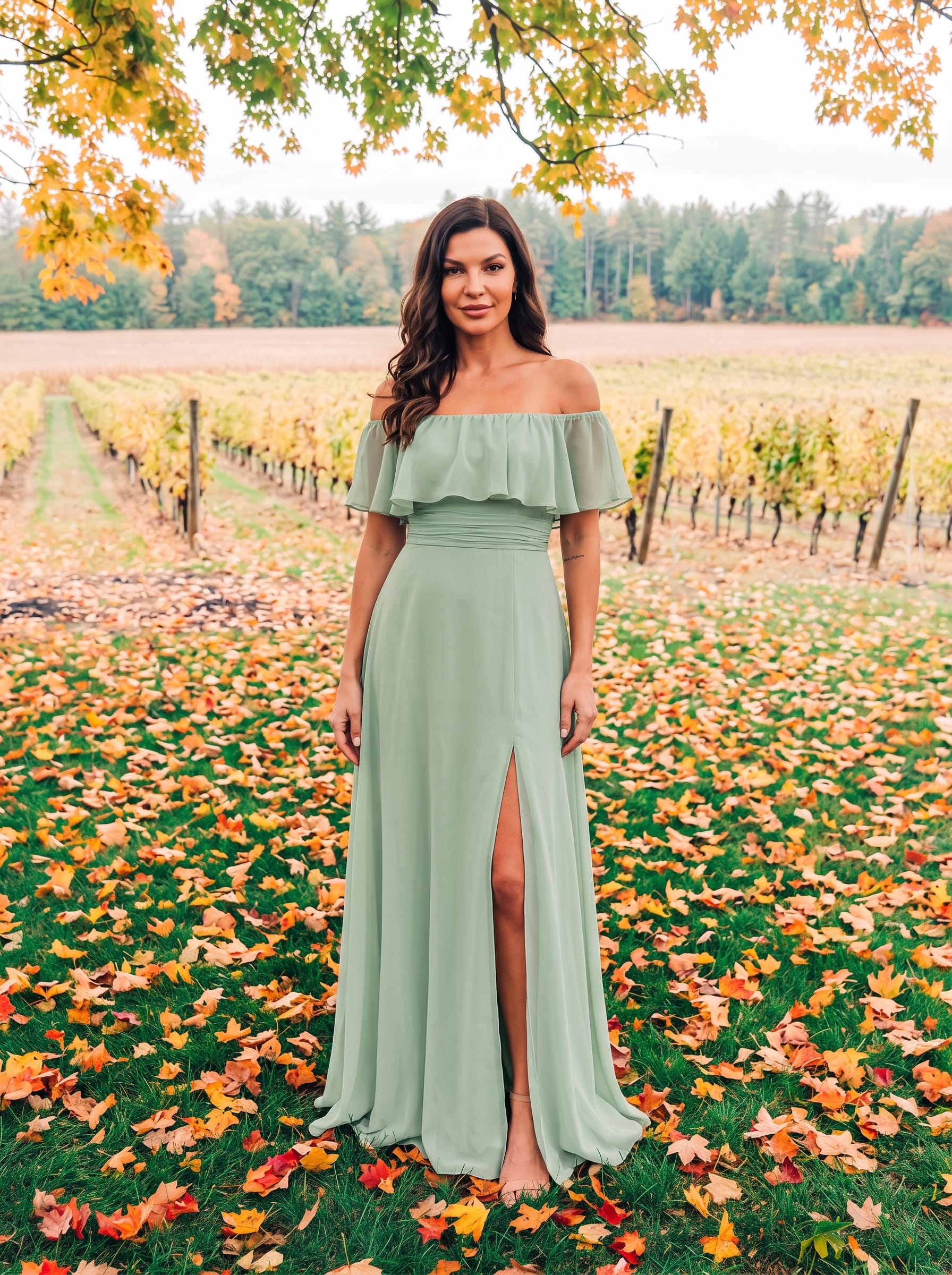 Women's Off-The-Shoulder Ruffle Thigh Split Bridesmaid Dresses #color_Mint Green