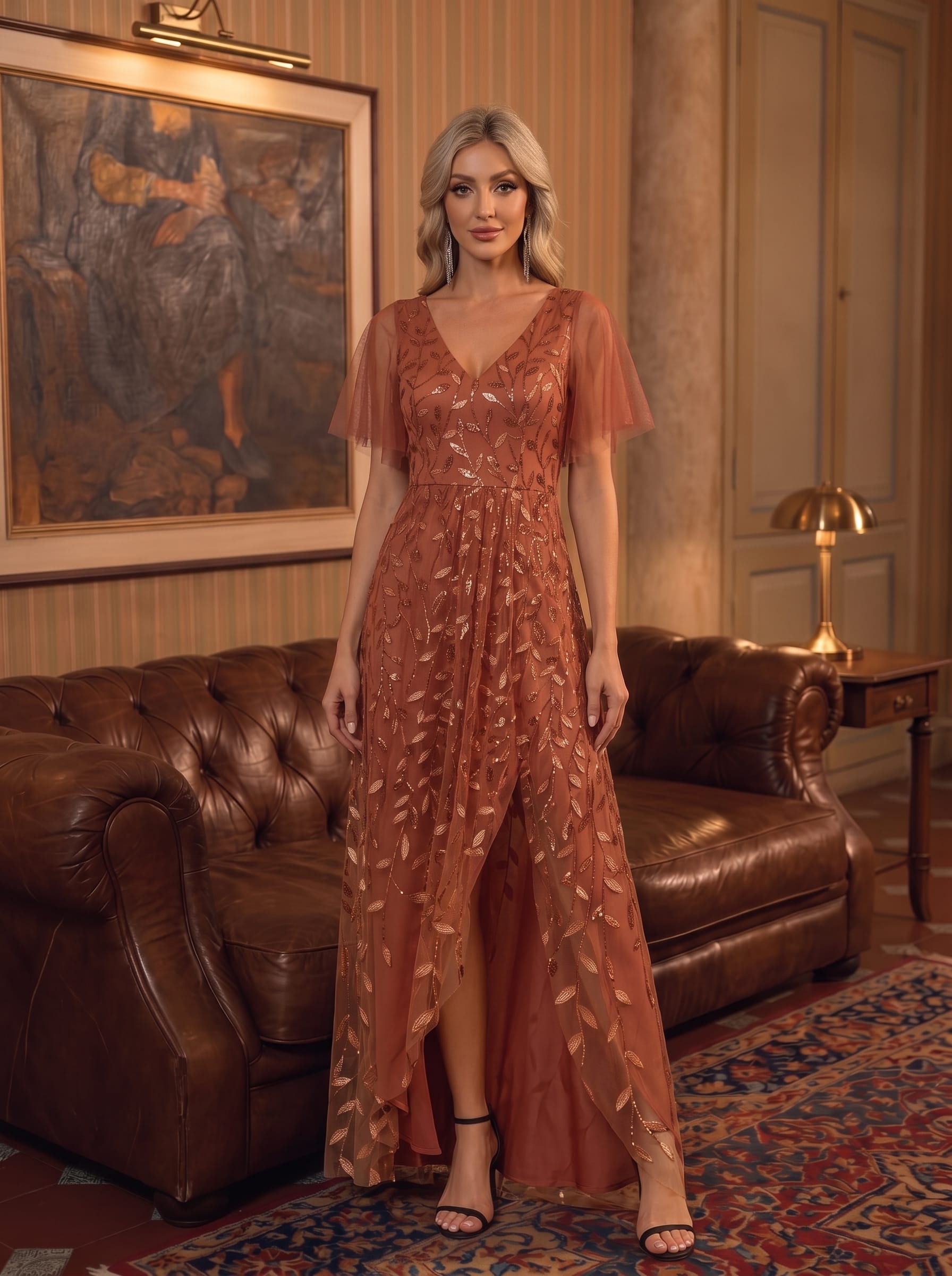 V-Neck Sequined Evening Dresses with High Slit #color_Burnt Orange