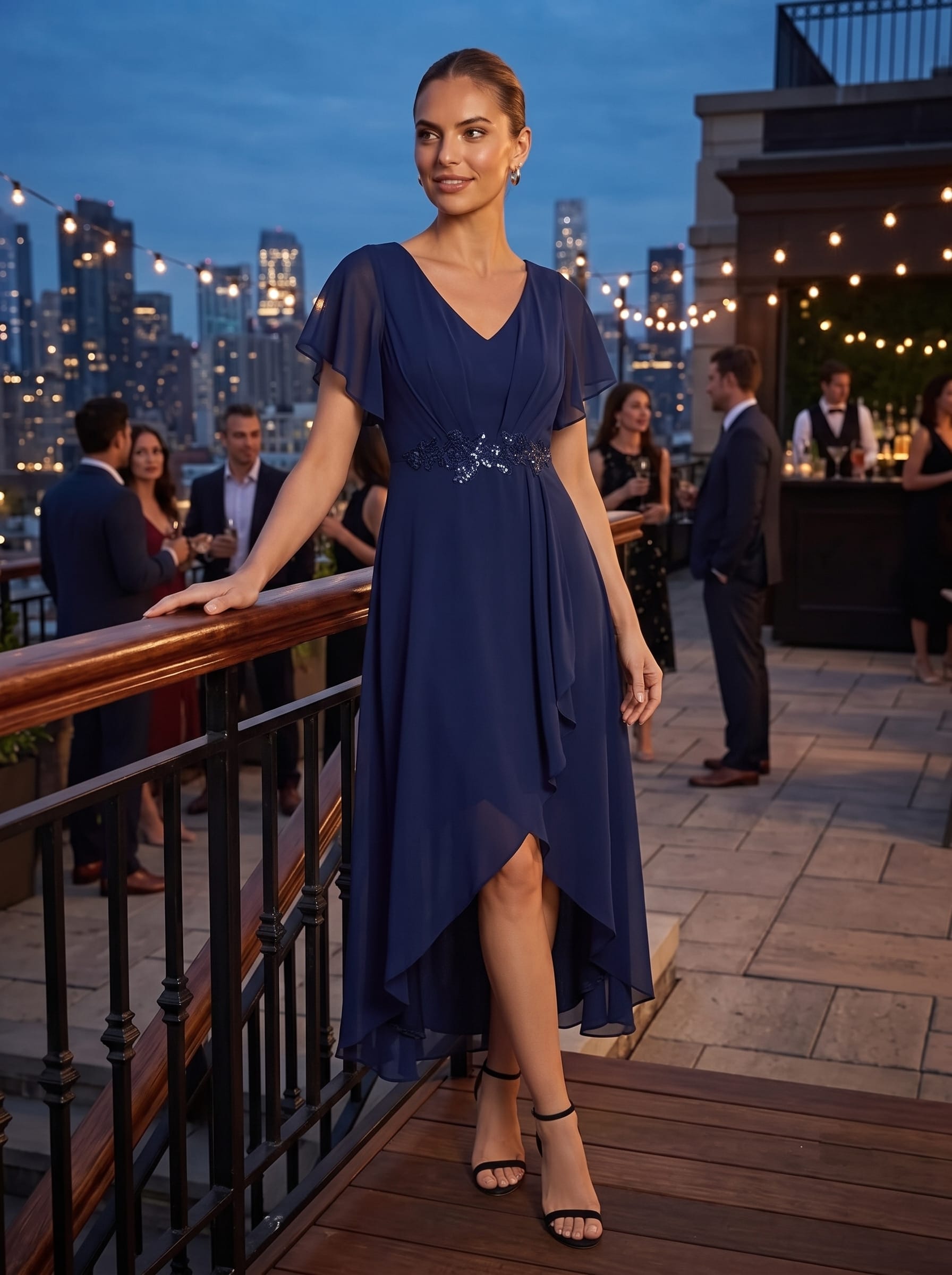 Waist Applique A-Line Chiffon V-Neck Wedding Guest Dress #color_Navy Blue