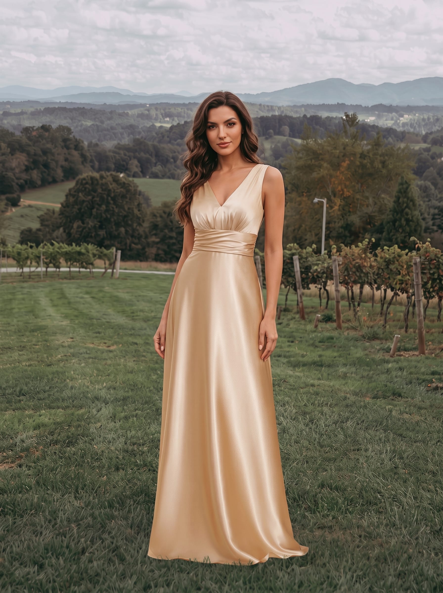 Sleeveless Empire Waist Satin Maxi Bridesmaid Dress With Pockets #color_Champagne