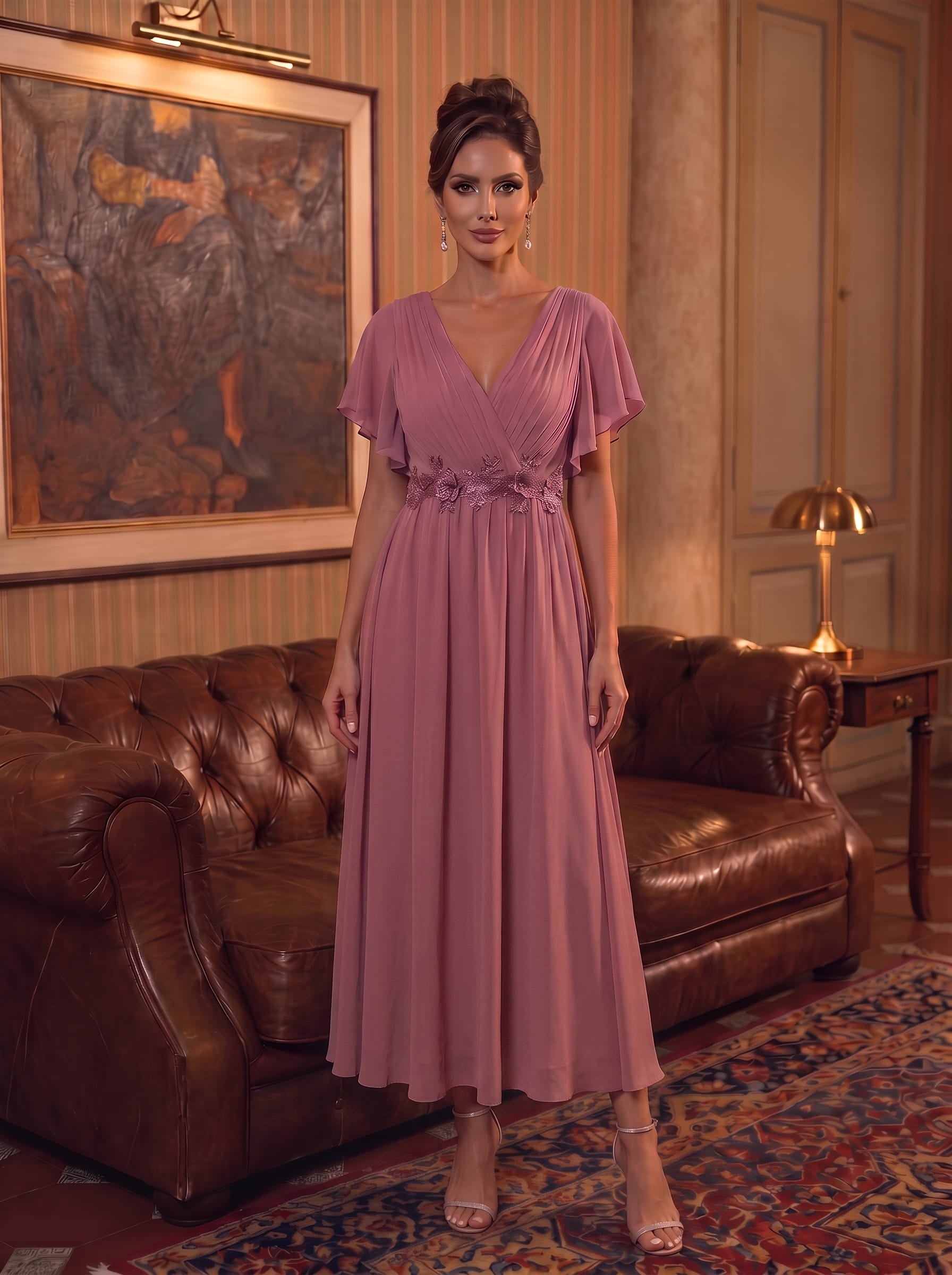 V-Neck Chiffon Evening Dress with Waist Applique #color_Purple Orchid