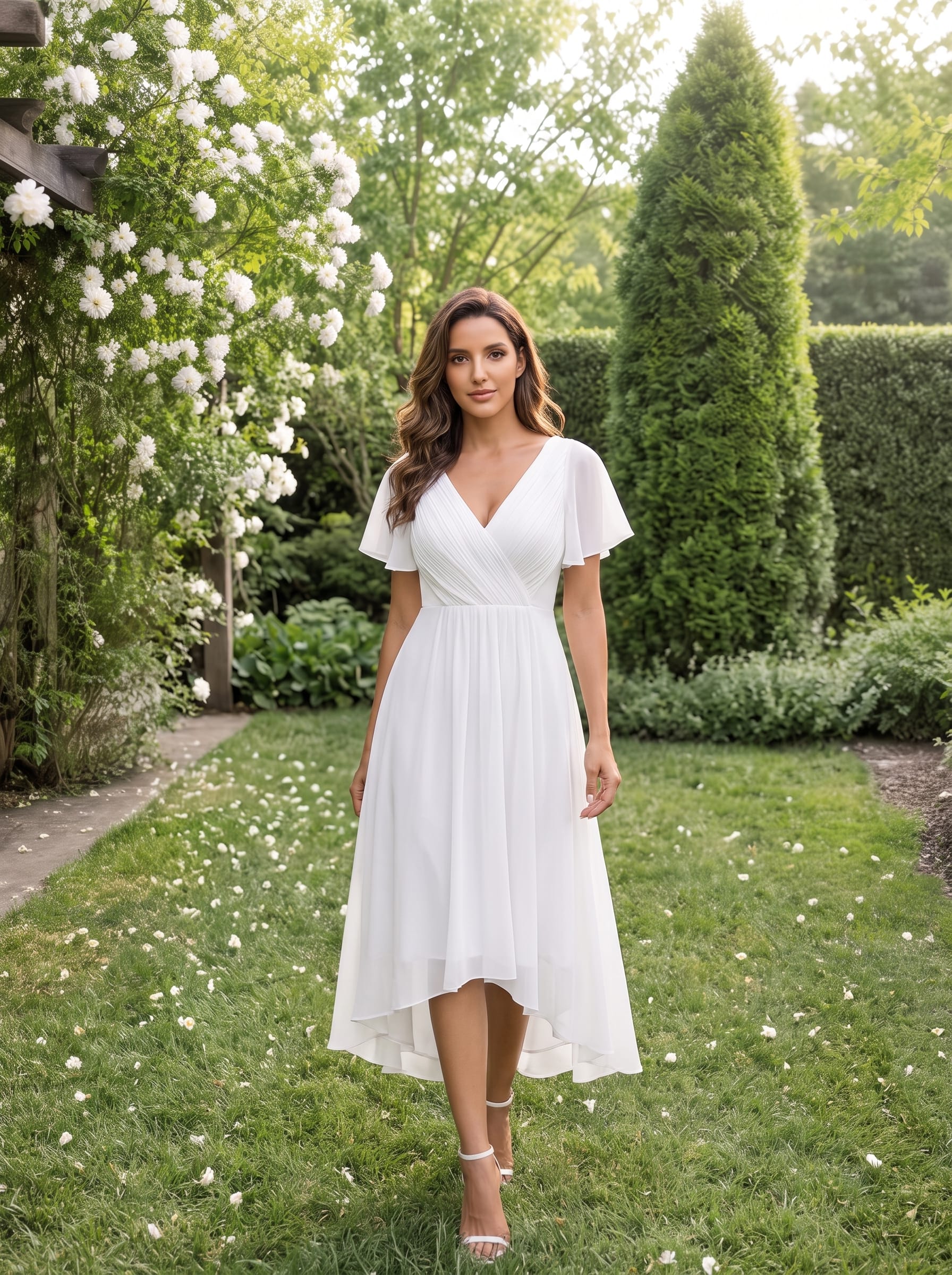 Chiffon Pleated V Neck High-Low Bridesmaid Dress #color_White