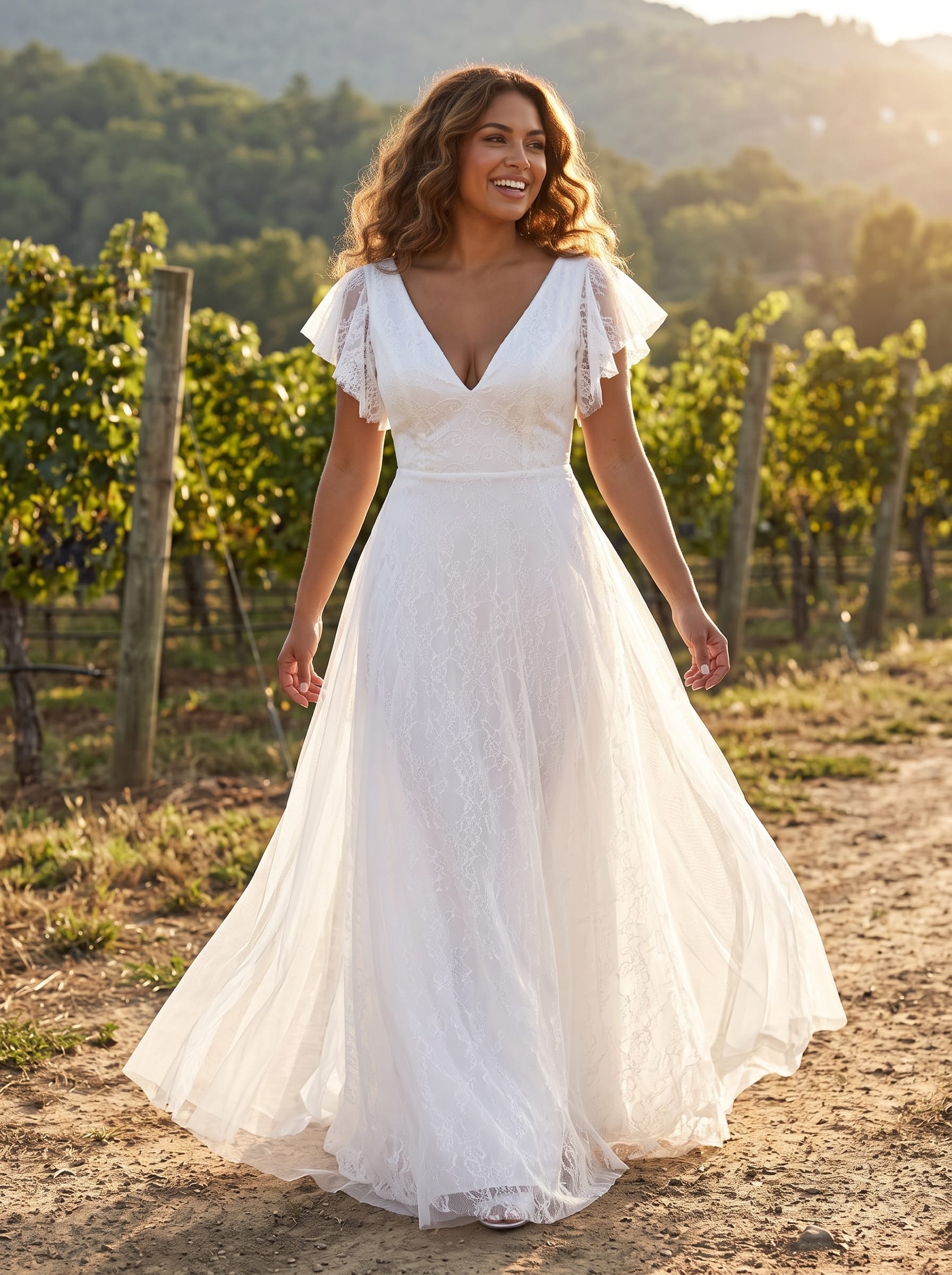 Double V Neck Maxi Long Lace Wedding Dresses with Ruffle Sleeves #color_White