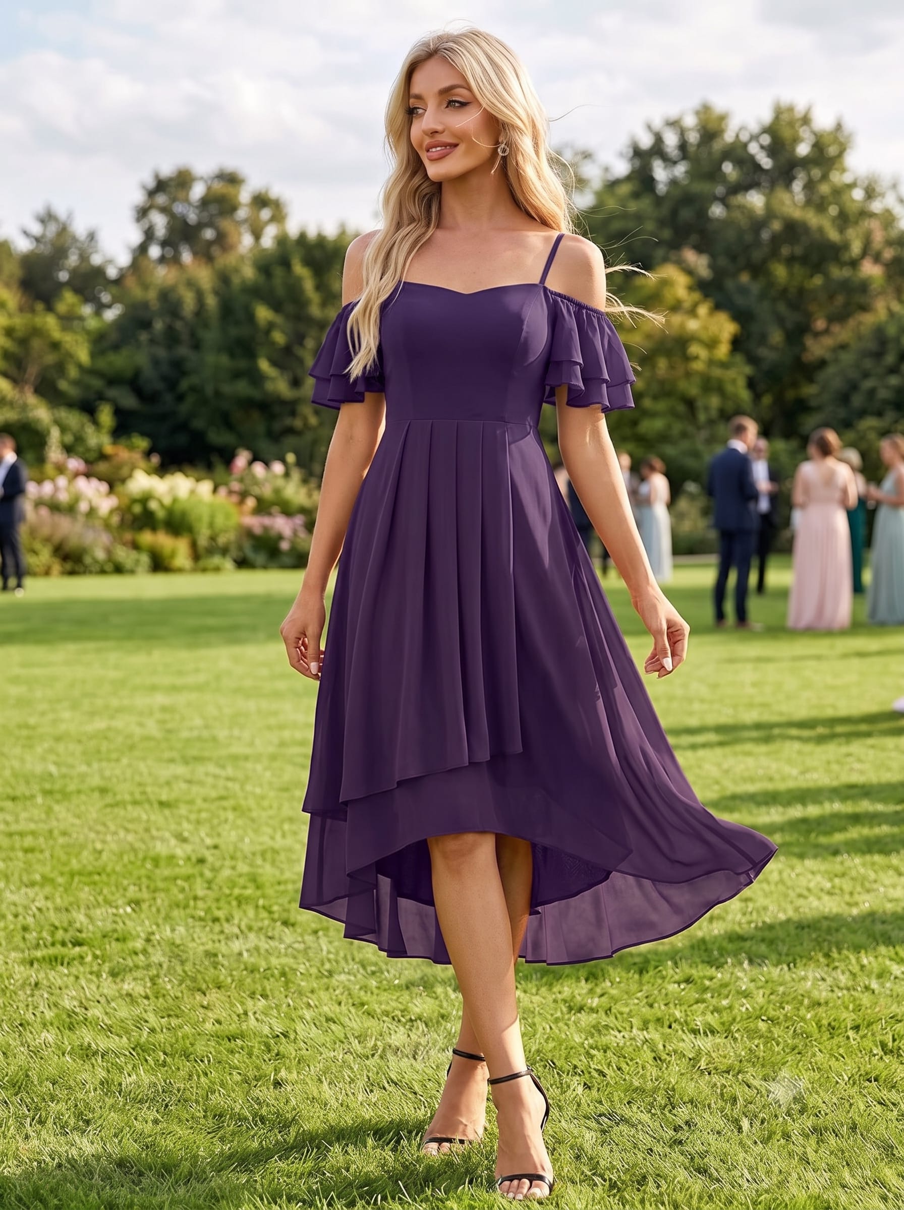 One-Shoulder High-Low Chiffon Wedding Guest Dresses with Short Sleeves #color_Dark Purple