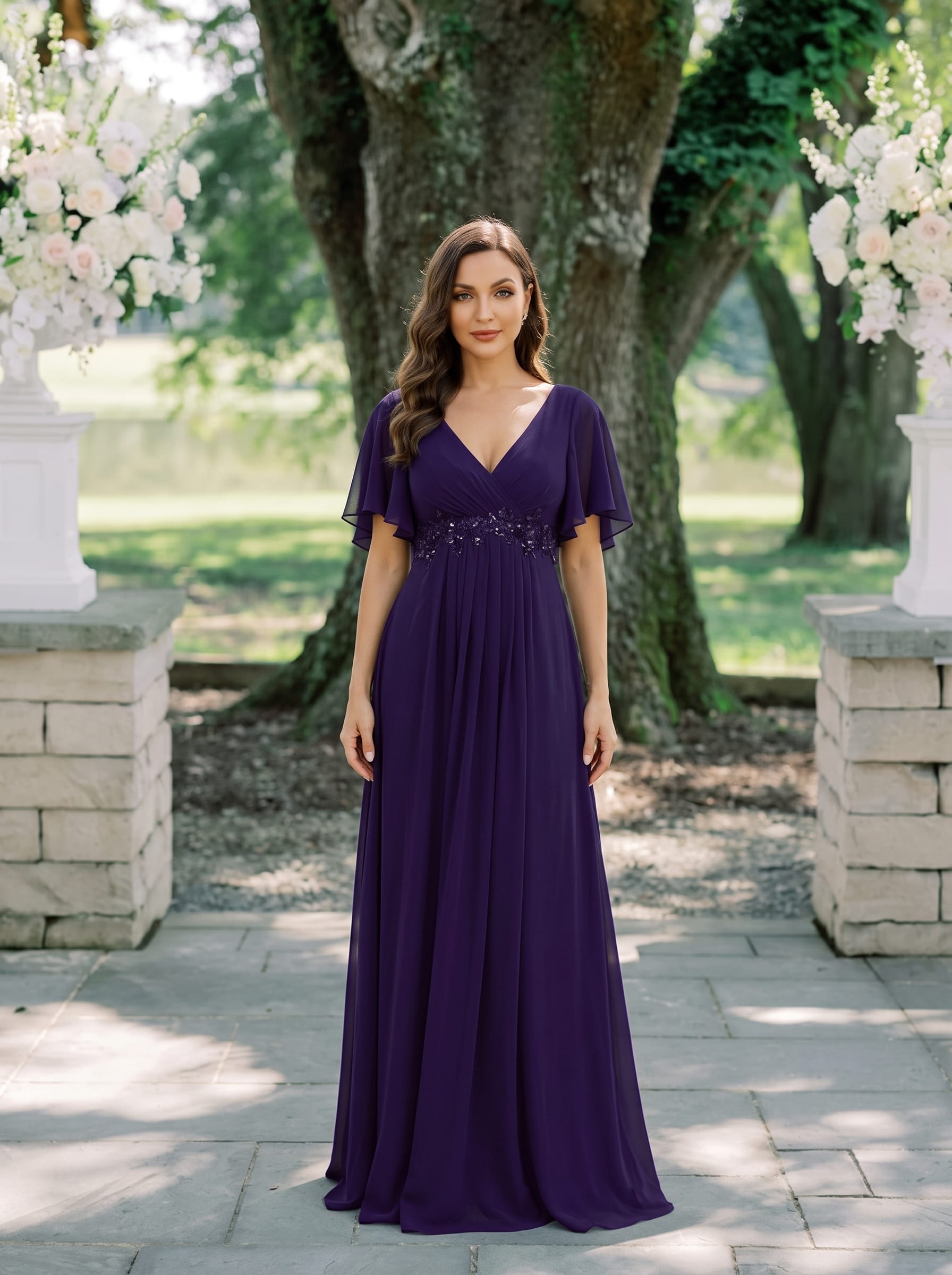 Elegant Chiffon Applique Evening Dress with Flutter Sleeves #color_Dark Purple