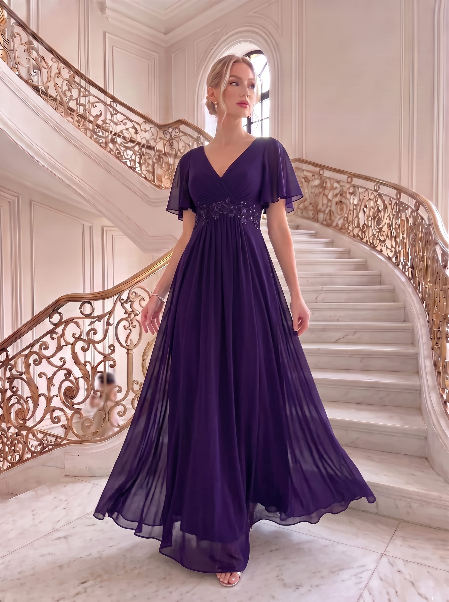 Elegant Chiffon Applique Evening Dress with Flutter Sleeves #color_Dark Purple