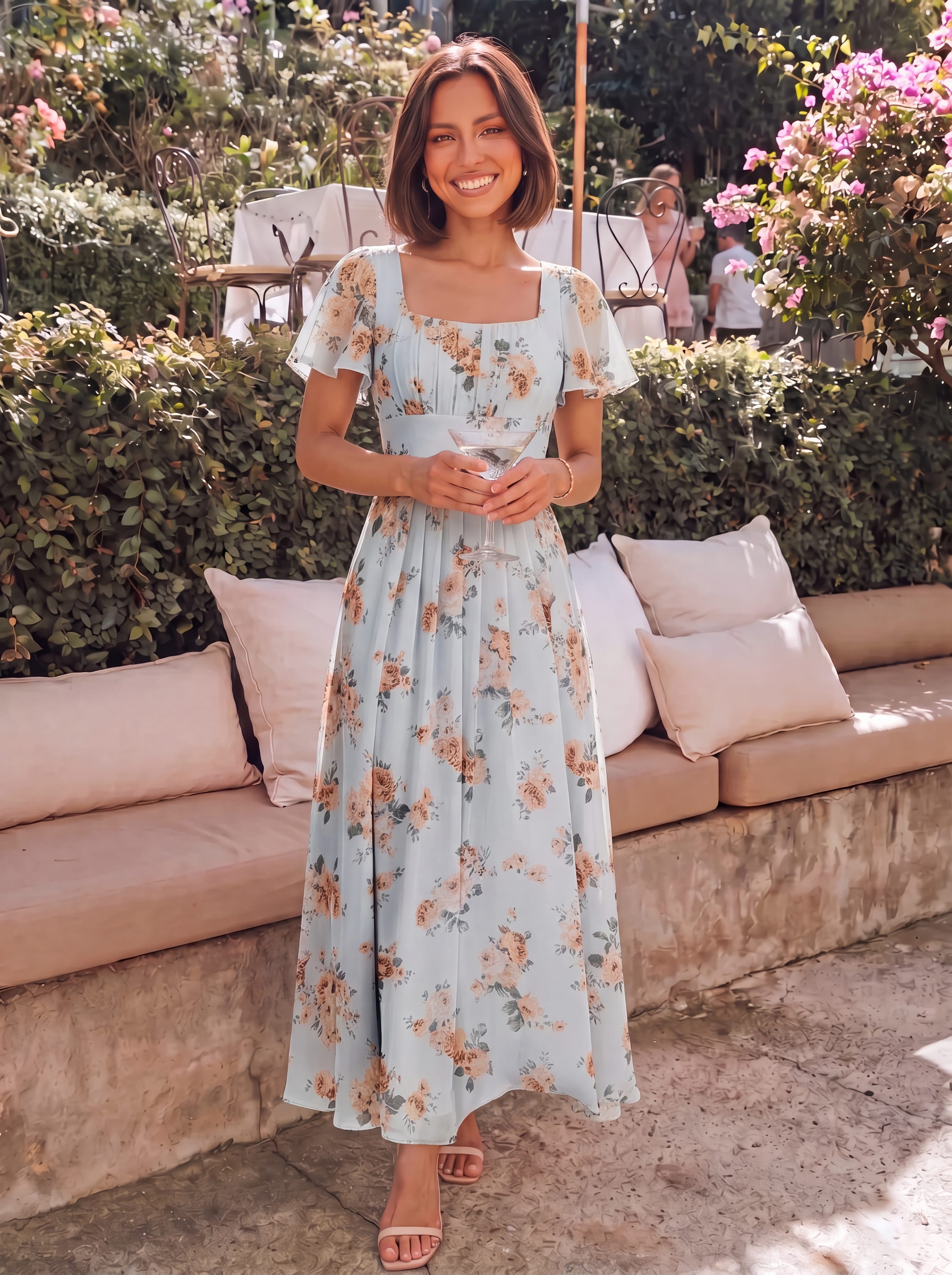 Ruched Chiffon Ruffle Sleeve Dress #color_Amber Bloom