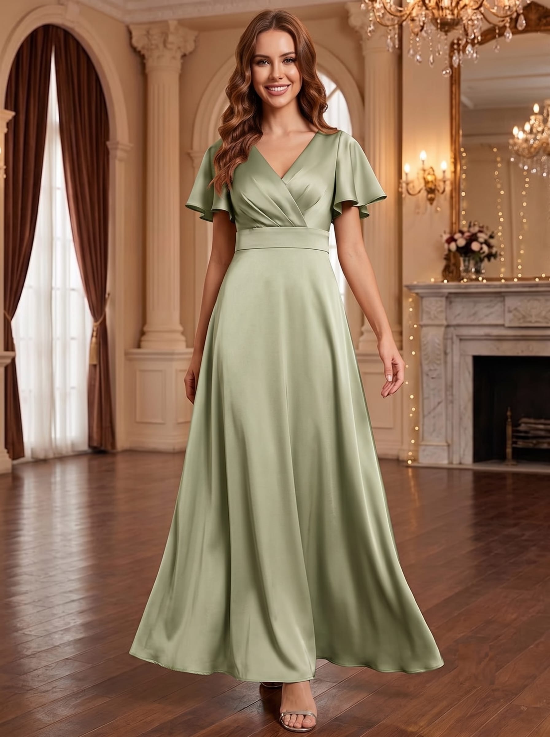Satin Ruffle Sleeve A-Line Dress #color_Sage Green