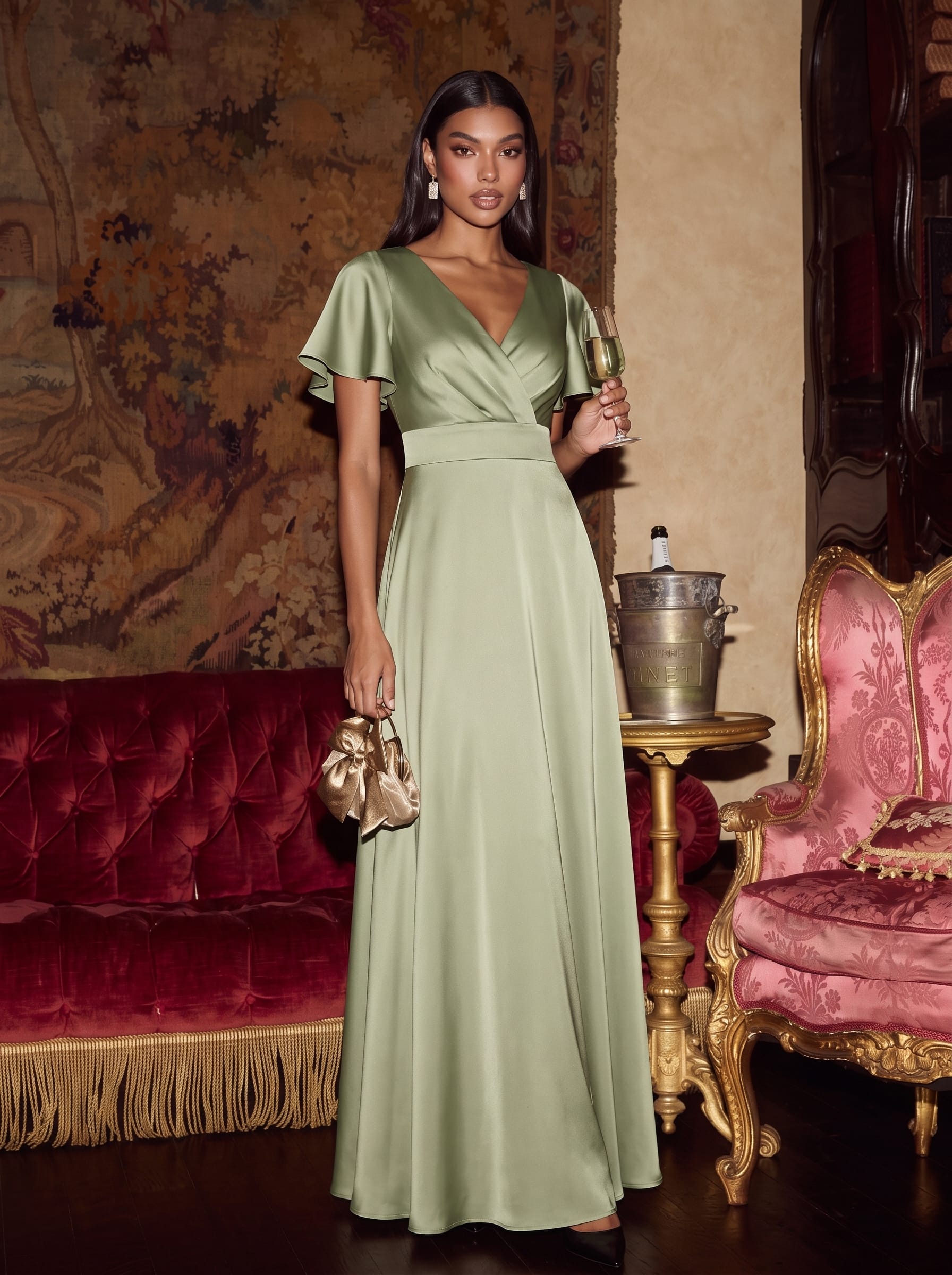 Satin Ruffle Sleeve A-Line Dress #color_Sage Green
