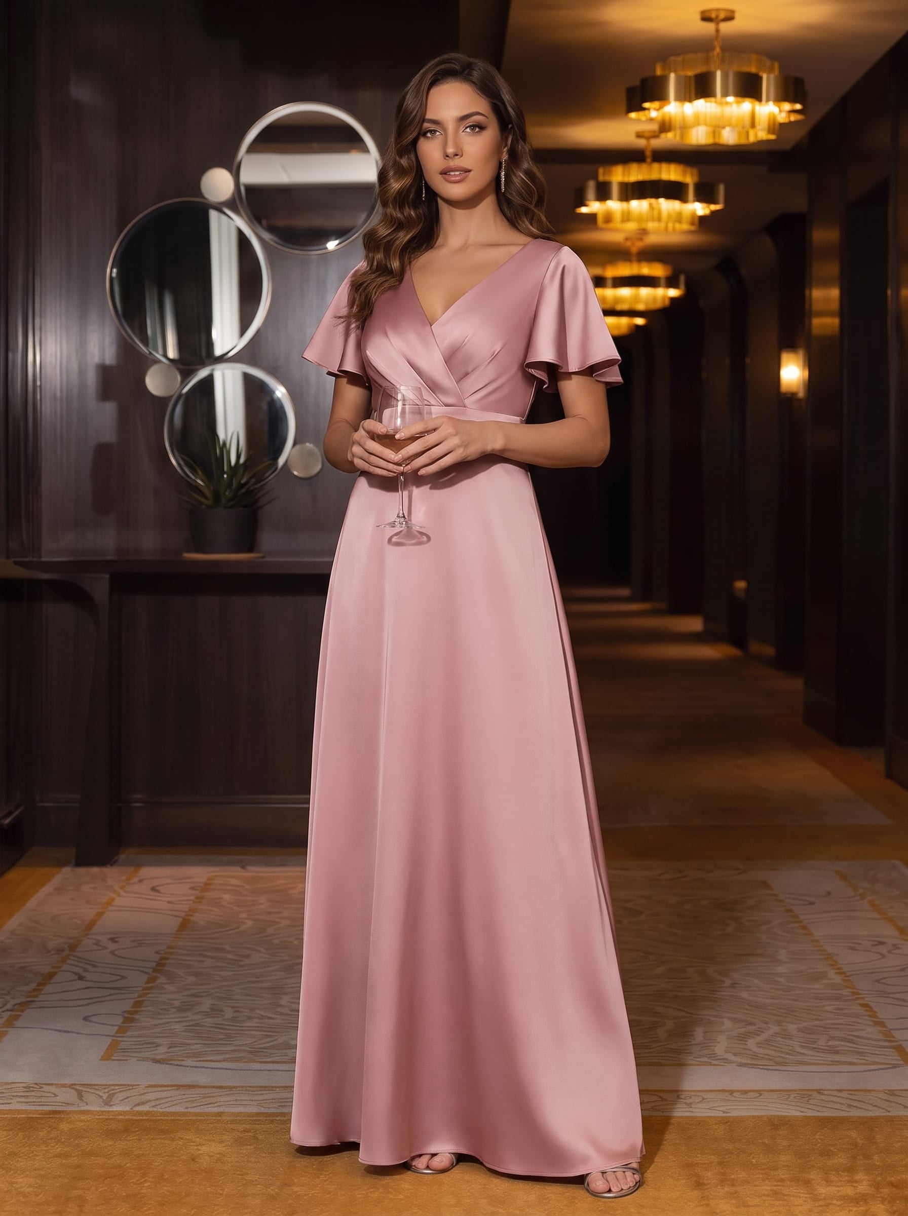 Satin Ruffle Sleeve A-Line Dress #color_Purple Orchid
