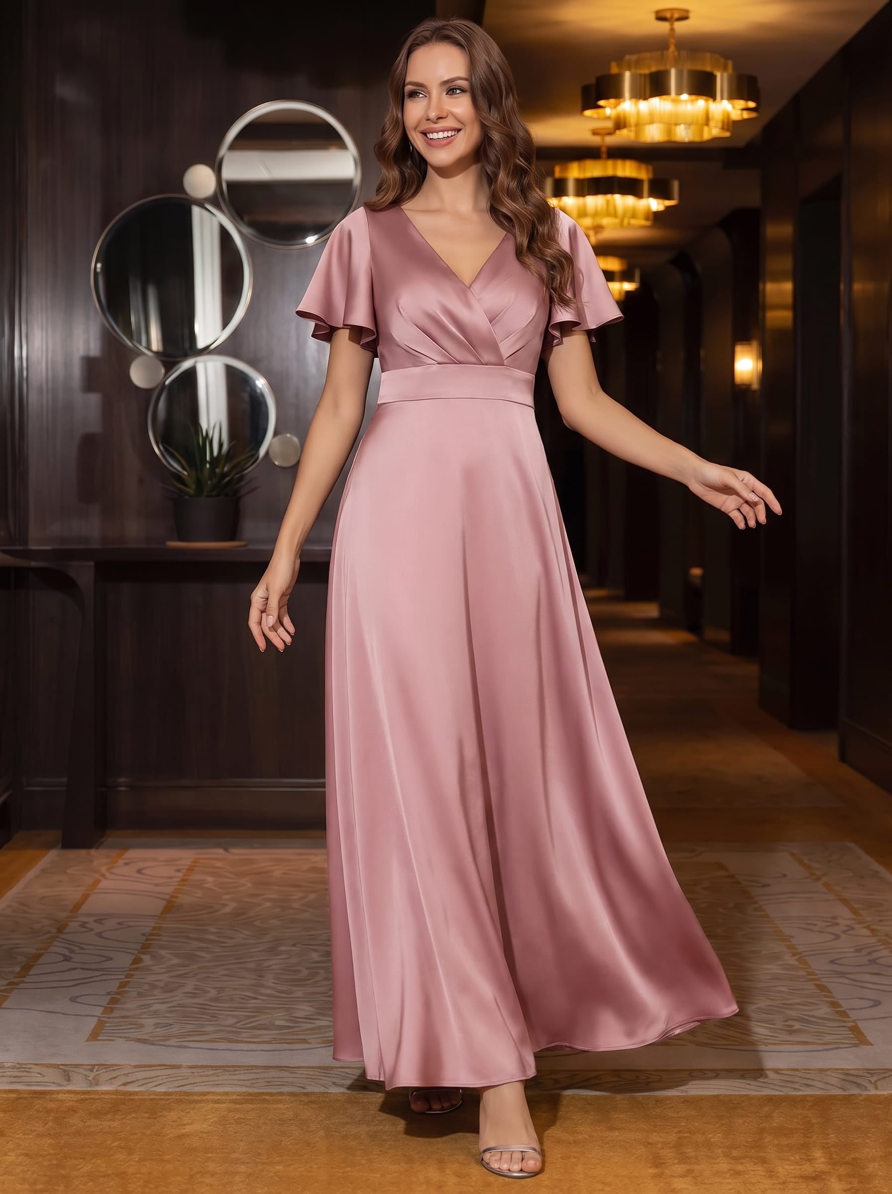 Satin Ruffle Sleeve A-Line Dress #color_Purple Orchid