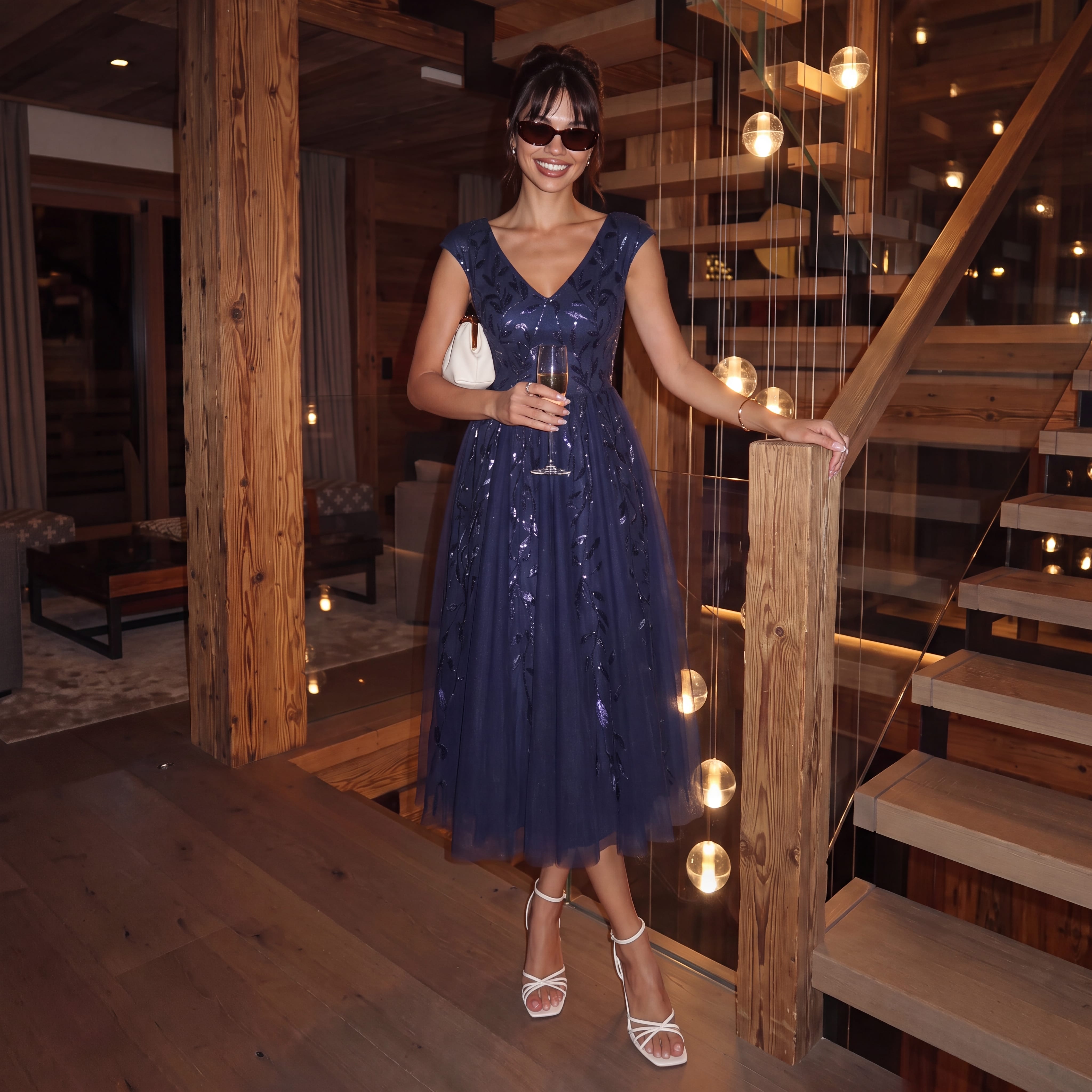 Sequin Sleeveless A-Line Dress #color_Navy Blue
