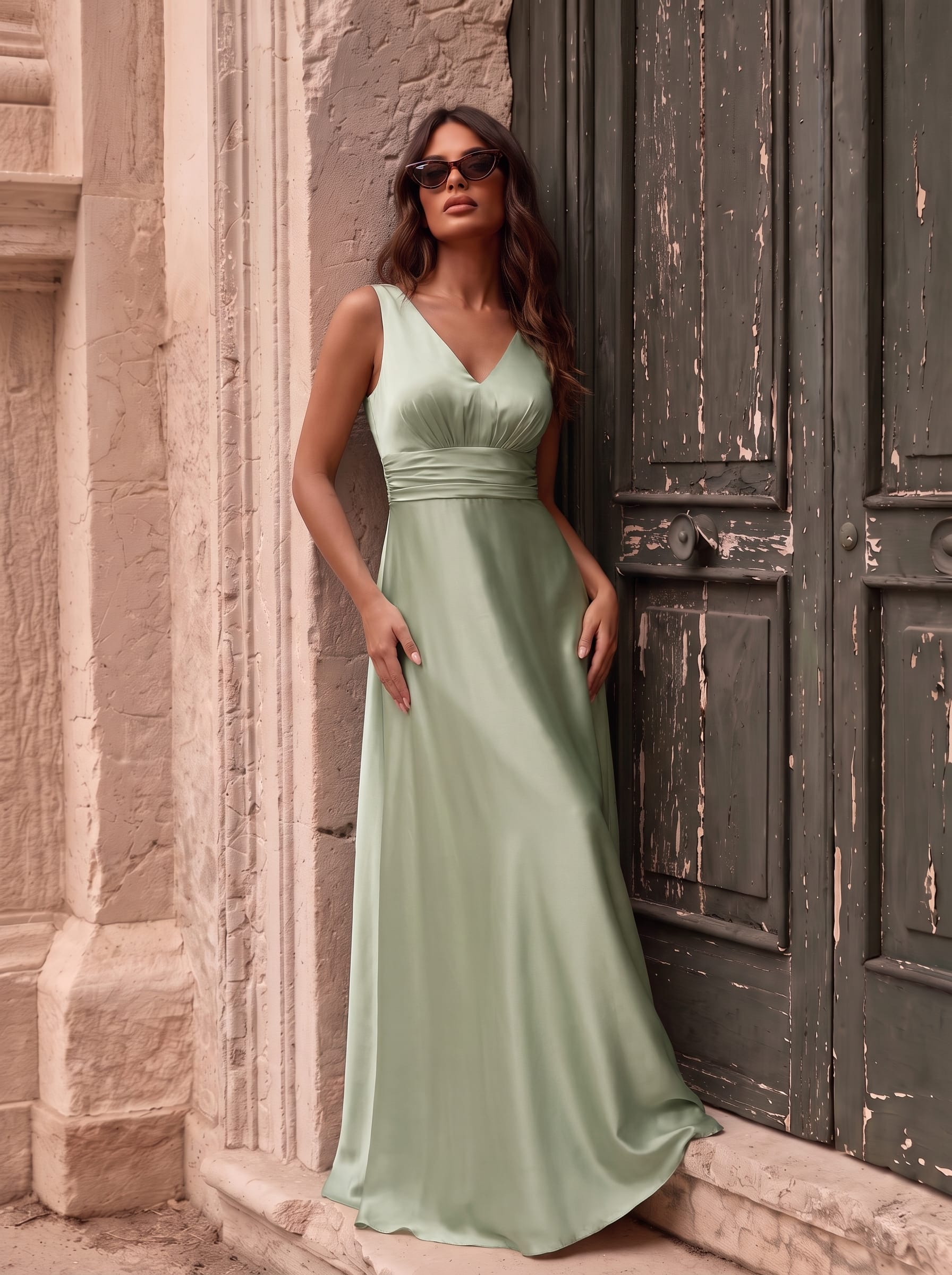Sleeveless Empire Waist Satin Maxi Bridesmaid Dress With Pockets #color_Mint Green
