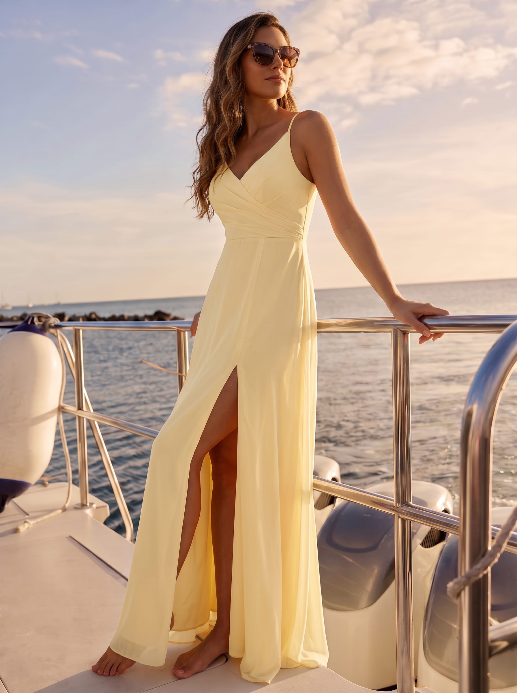 Spaghetti Strap Pleated V-Neck High Slit Bridesmaid Dress #color_Yellow