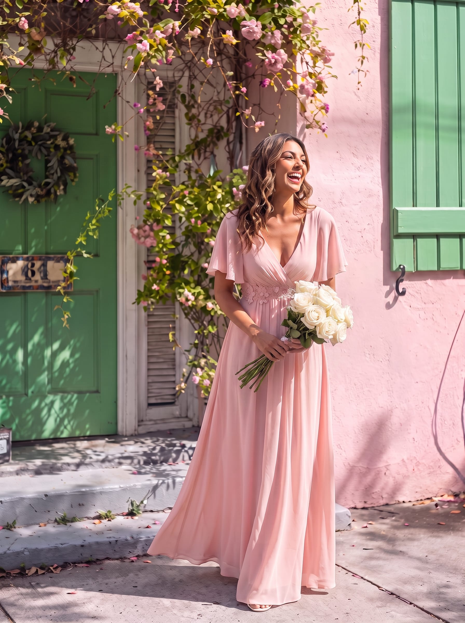 Elegant Chiffon Applique Evening Dress with Flutter Sleeves #color_Pink