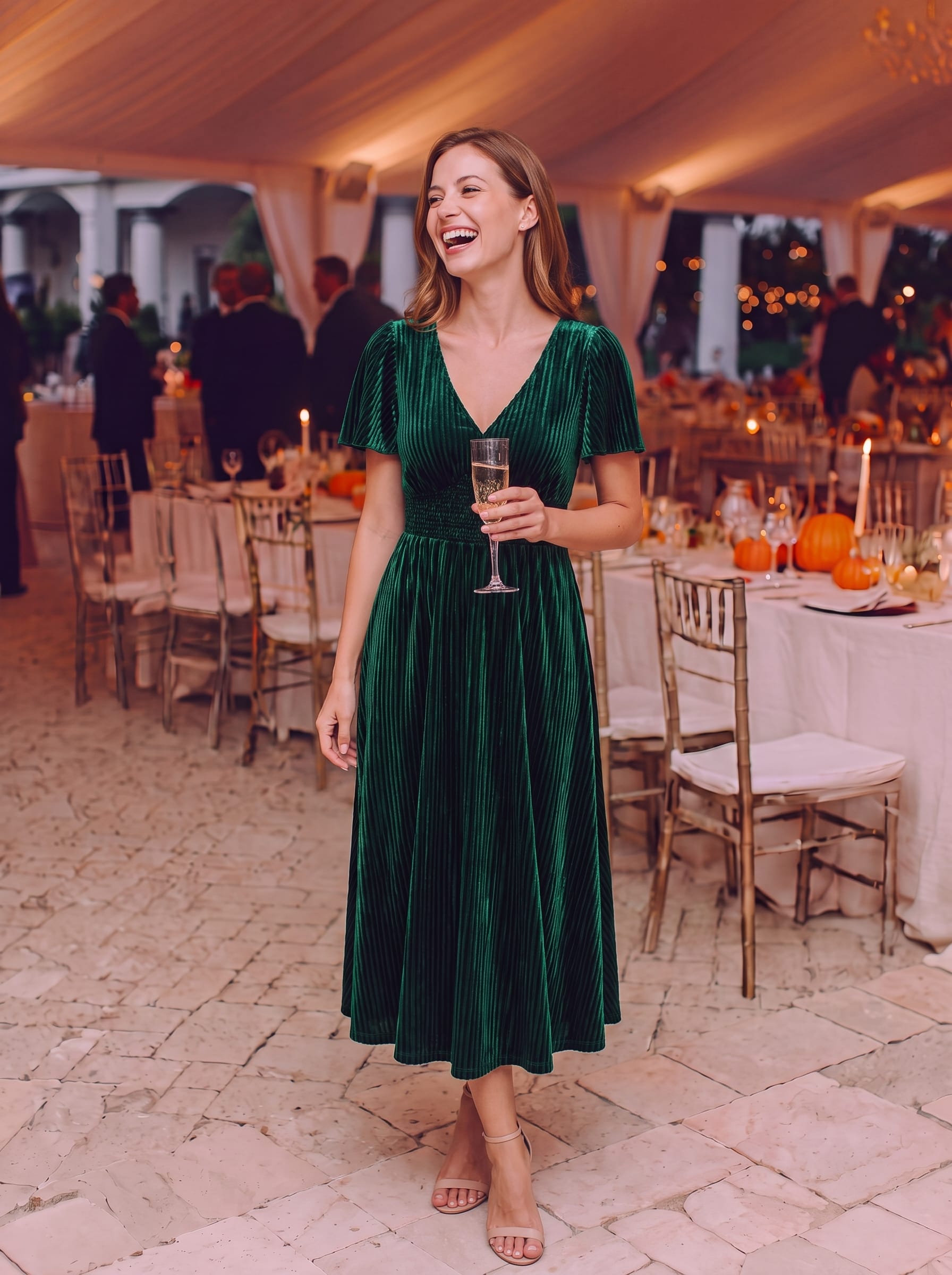Striped Velvet Flutter Sleeves V-Neck Midi Evening Dress #color_Dark Green