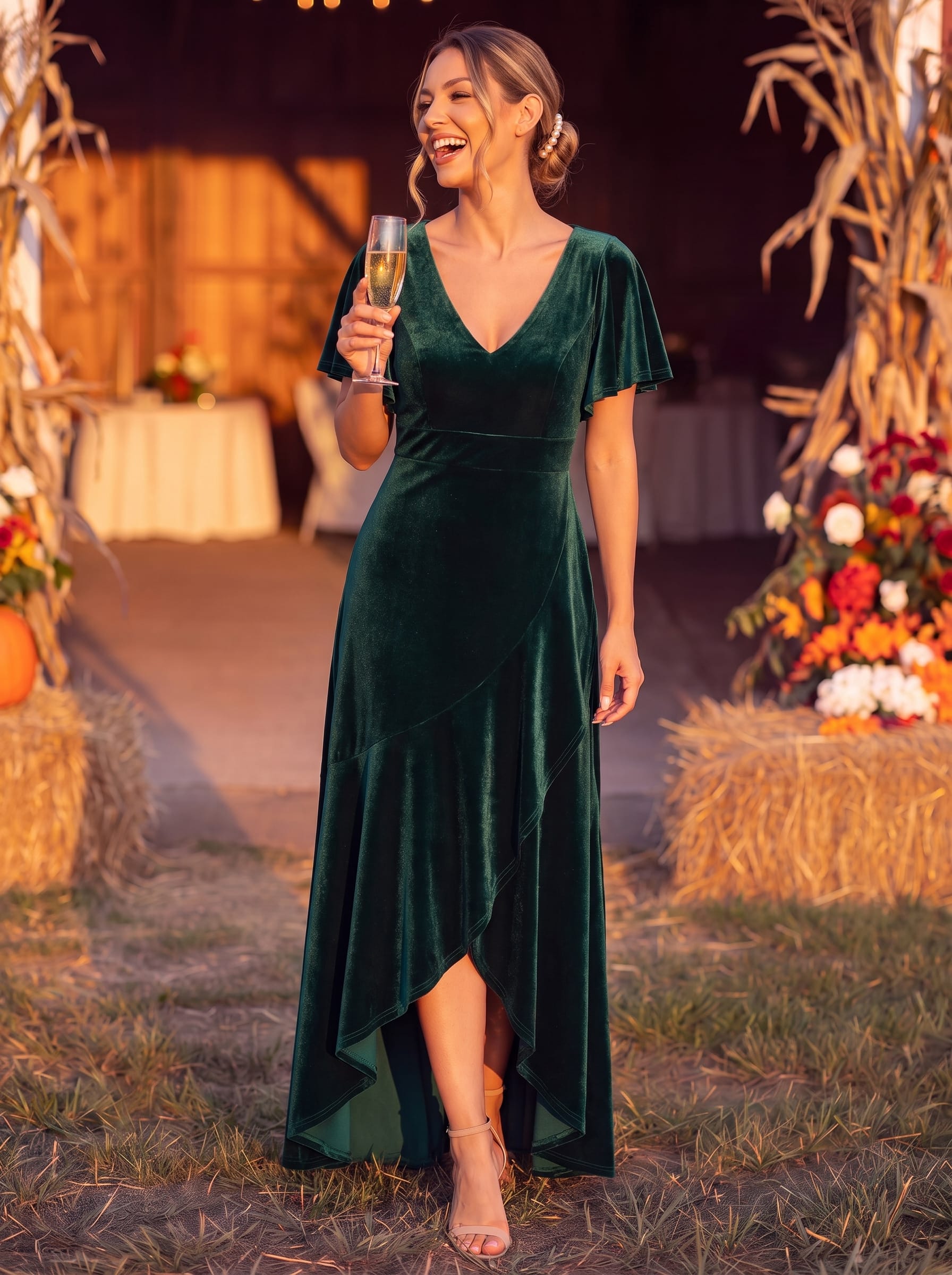 Elegant Double V-Neck Short Sleeves Velvet Evening Dress #color_Dark Green