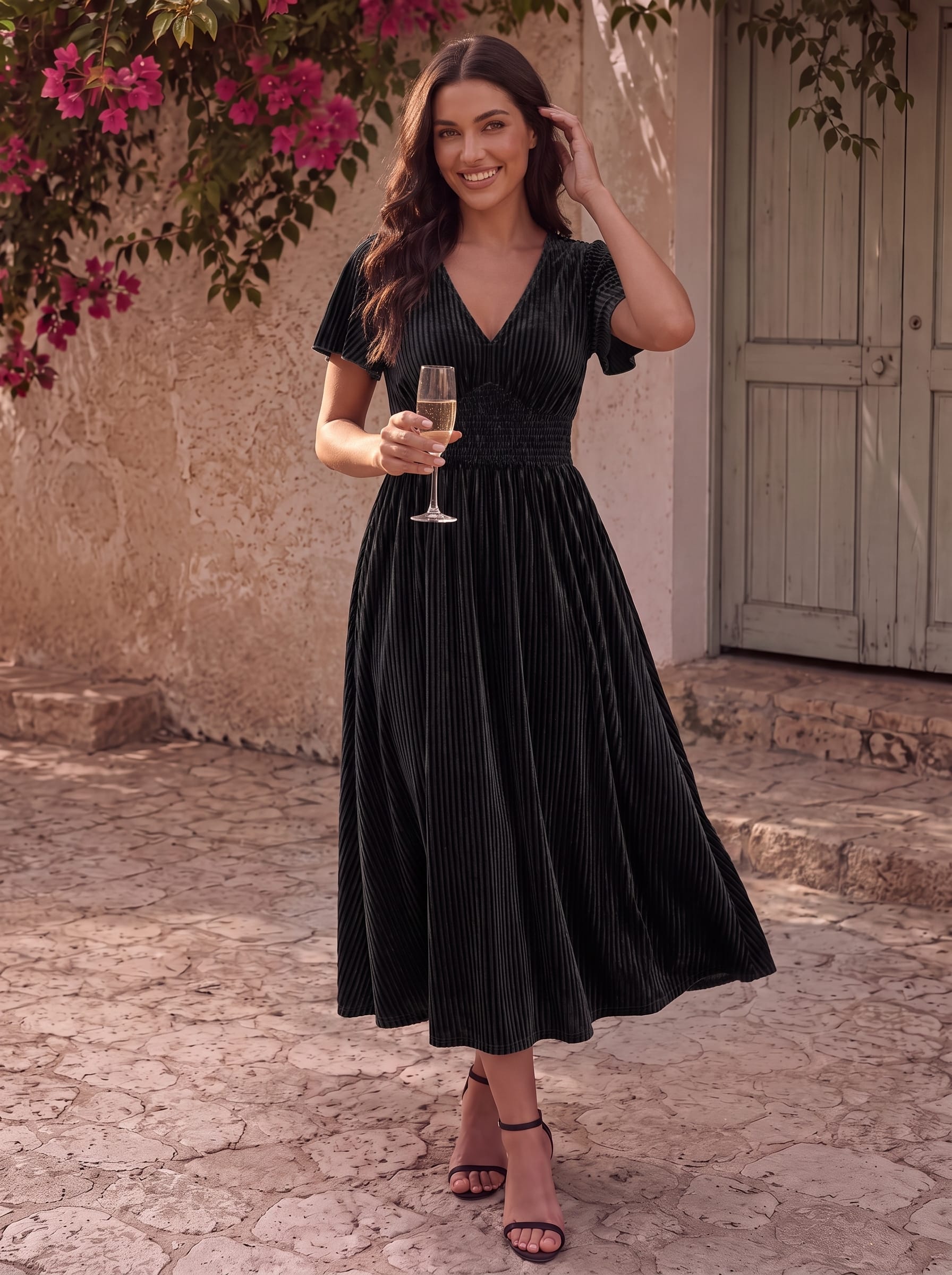 Striped Velvet Flutter Sleeves V-Neck Midi Evening Dress #color_Grey Blue