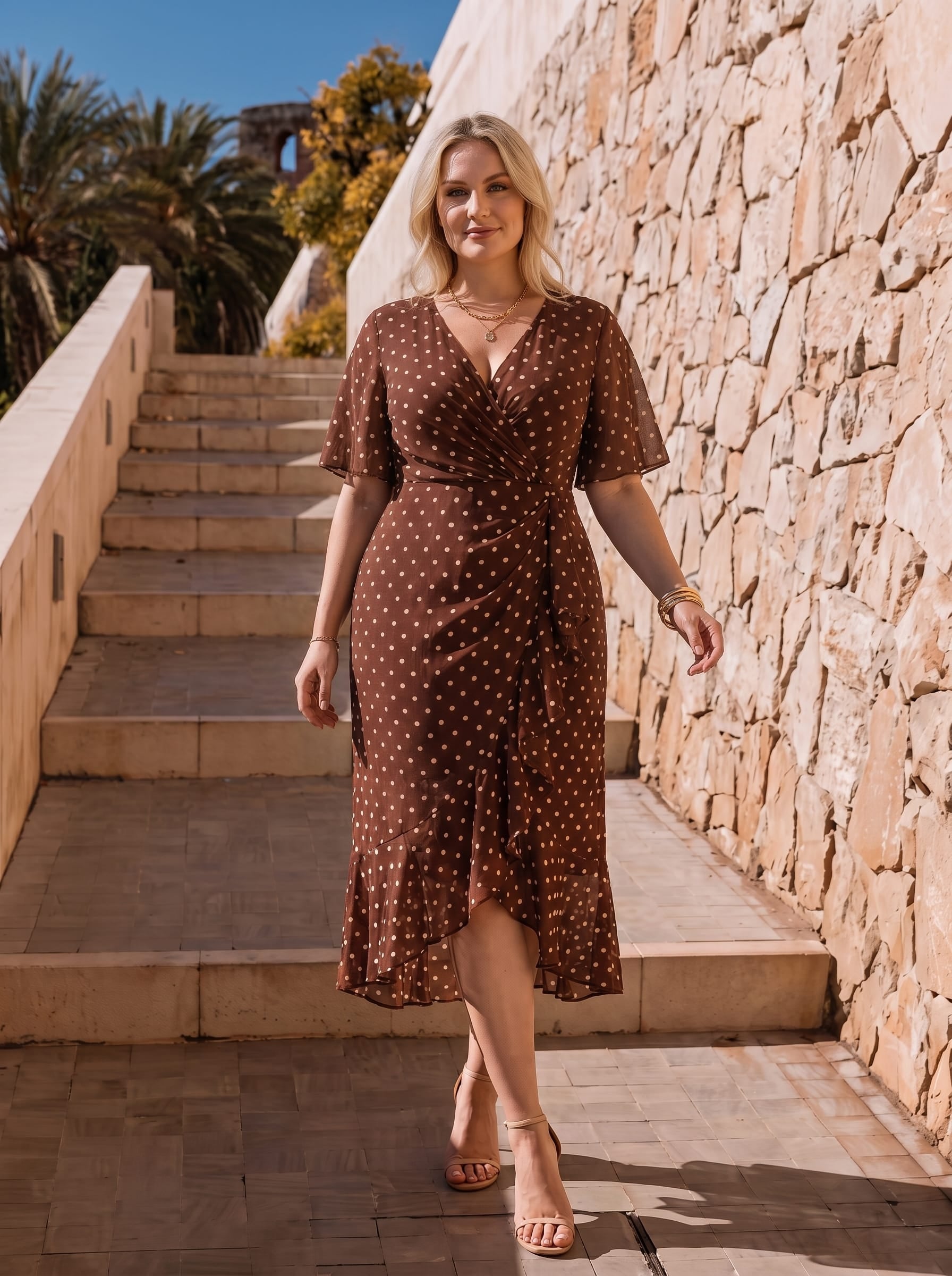 Plus Size Floral Chiffon Wedding Guest Dress #color_Brown Polka Dots