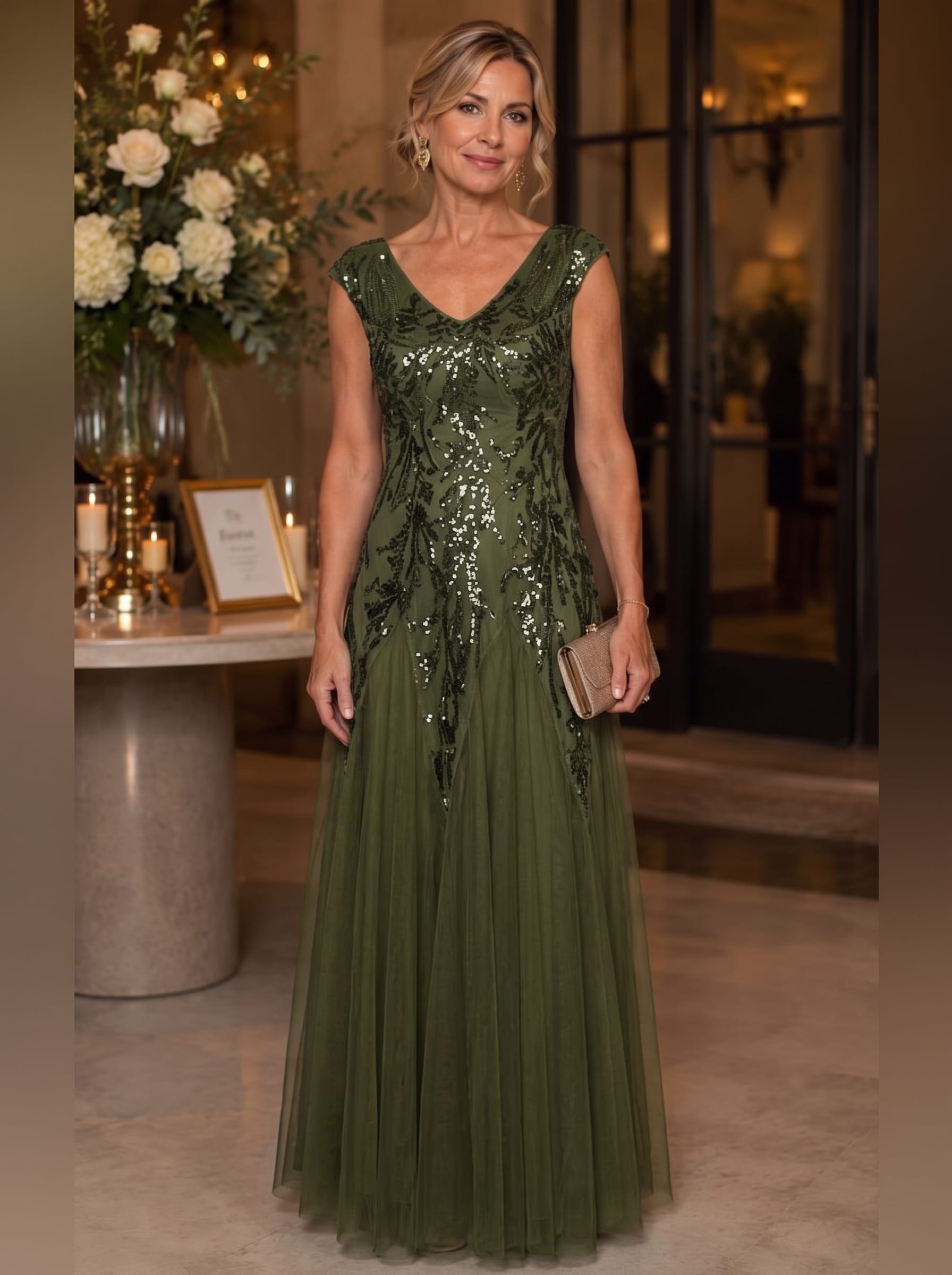 Embroidered Sequin Cap Sleeve Dress #color_Olive Green