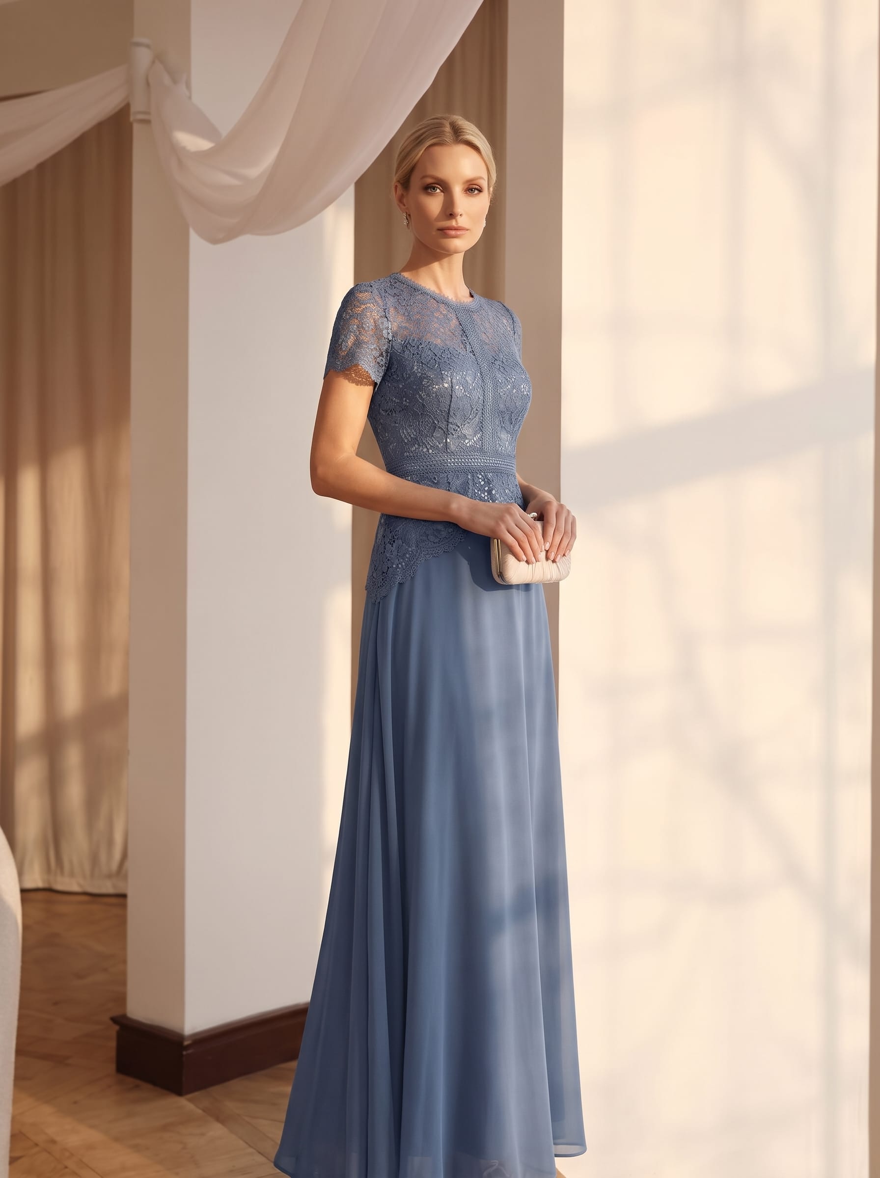 Sequin Lace Puff Sleeve Dress #color_Dusty Blue