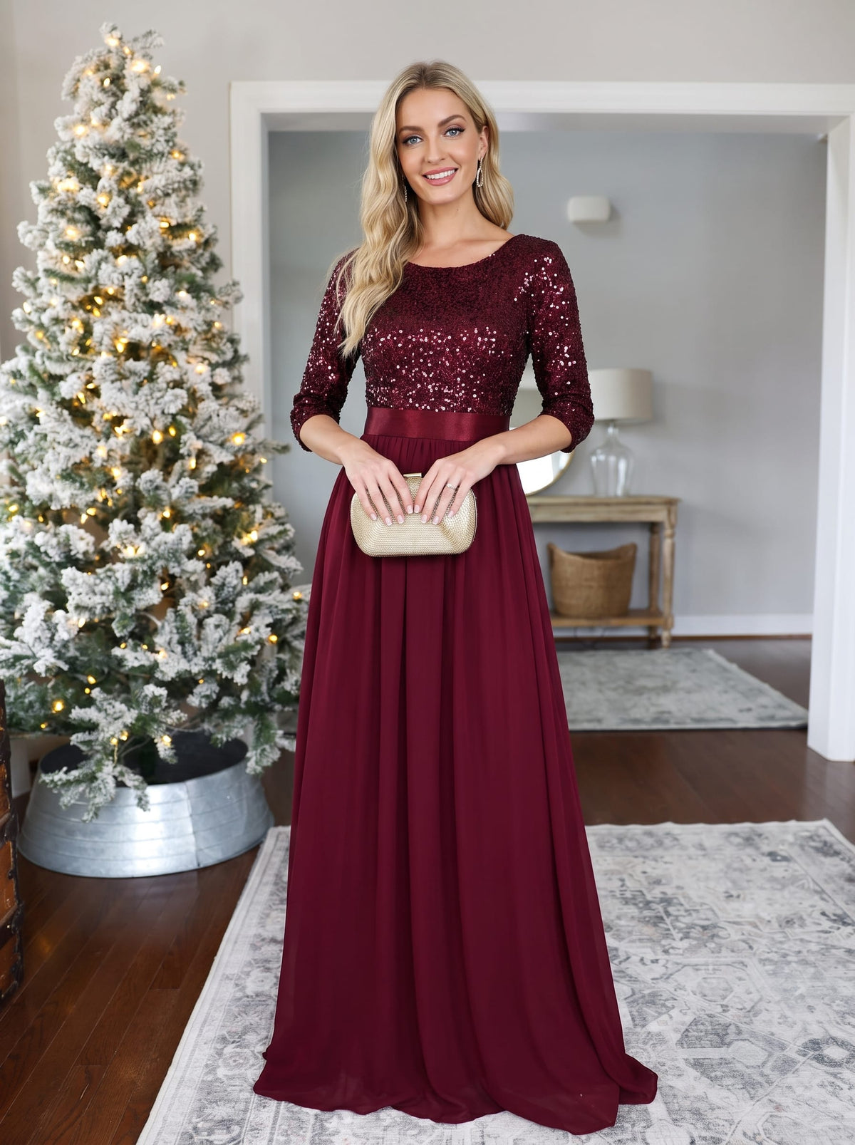 Elegant Round Neckline 3/4 Sleeve Sequins Patchwork Evening Dress #color_Burgundy