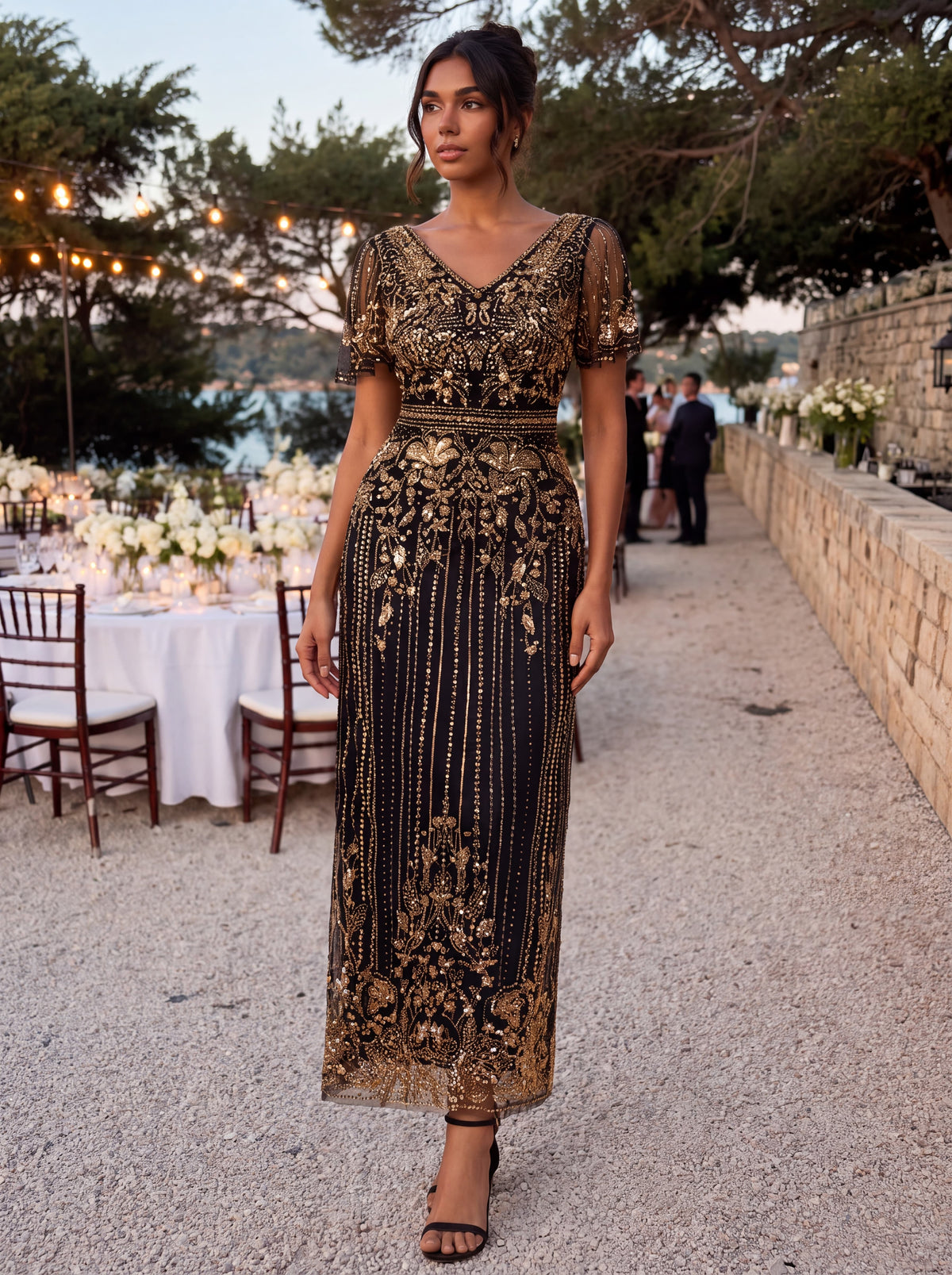 Tulle Maxi Length V-neckline Sheath Ruffle Sleeve Back zipper High Stretch Dress #color_Antique Gold