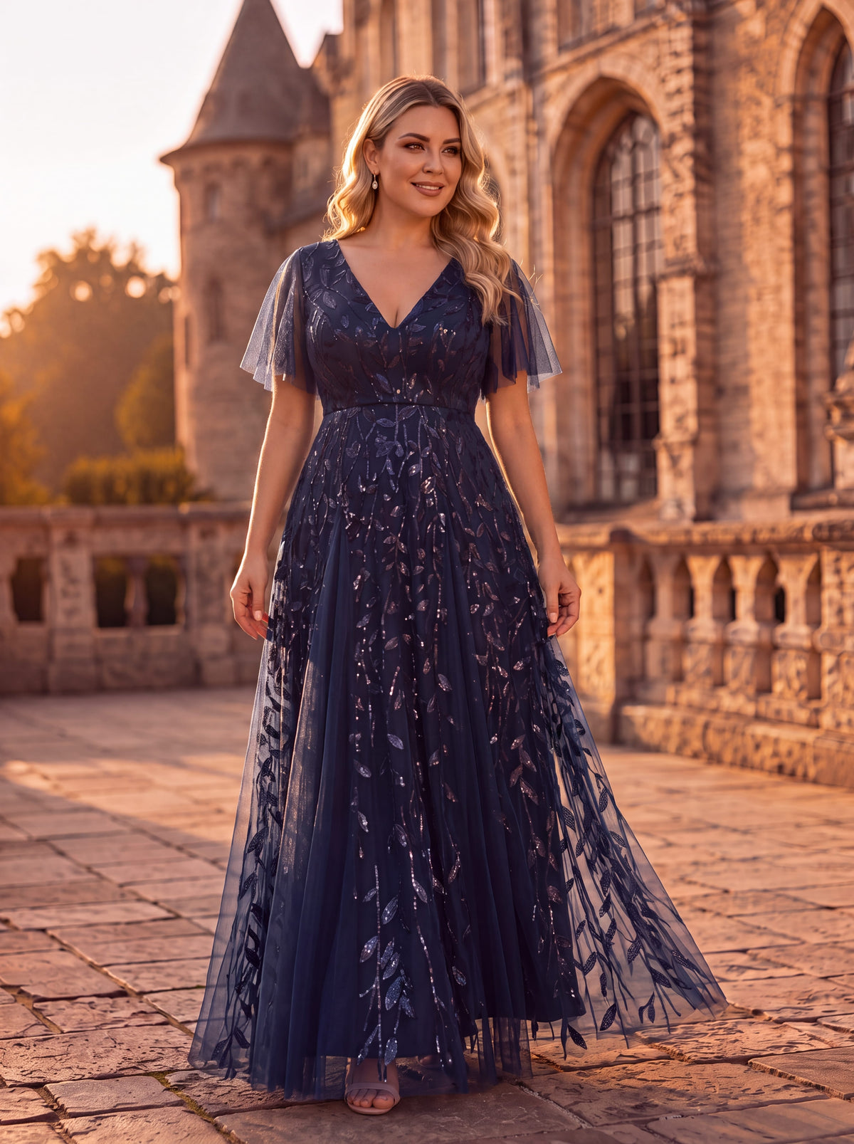 Romantic Shimmery V Neck Ruffle Sleeves Maxi Long Evening Gowns #color_Navy Blue