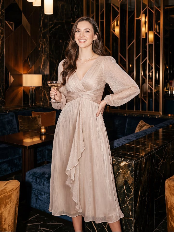 Shimmering Long Sleeve V-Neck Chiffon Twist Knot A-Line Evening Dress #color_Champagne