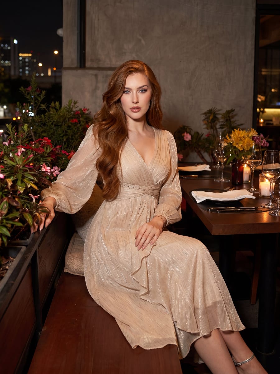 Shimmering Long Sleeve V-Neck Chiffon Twist Knot A-Line Evening Dress #color_Champagne