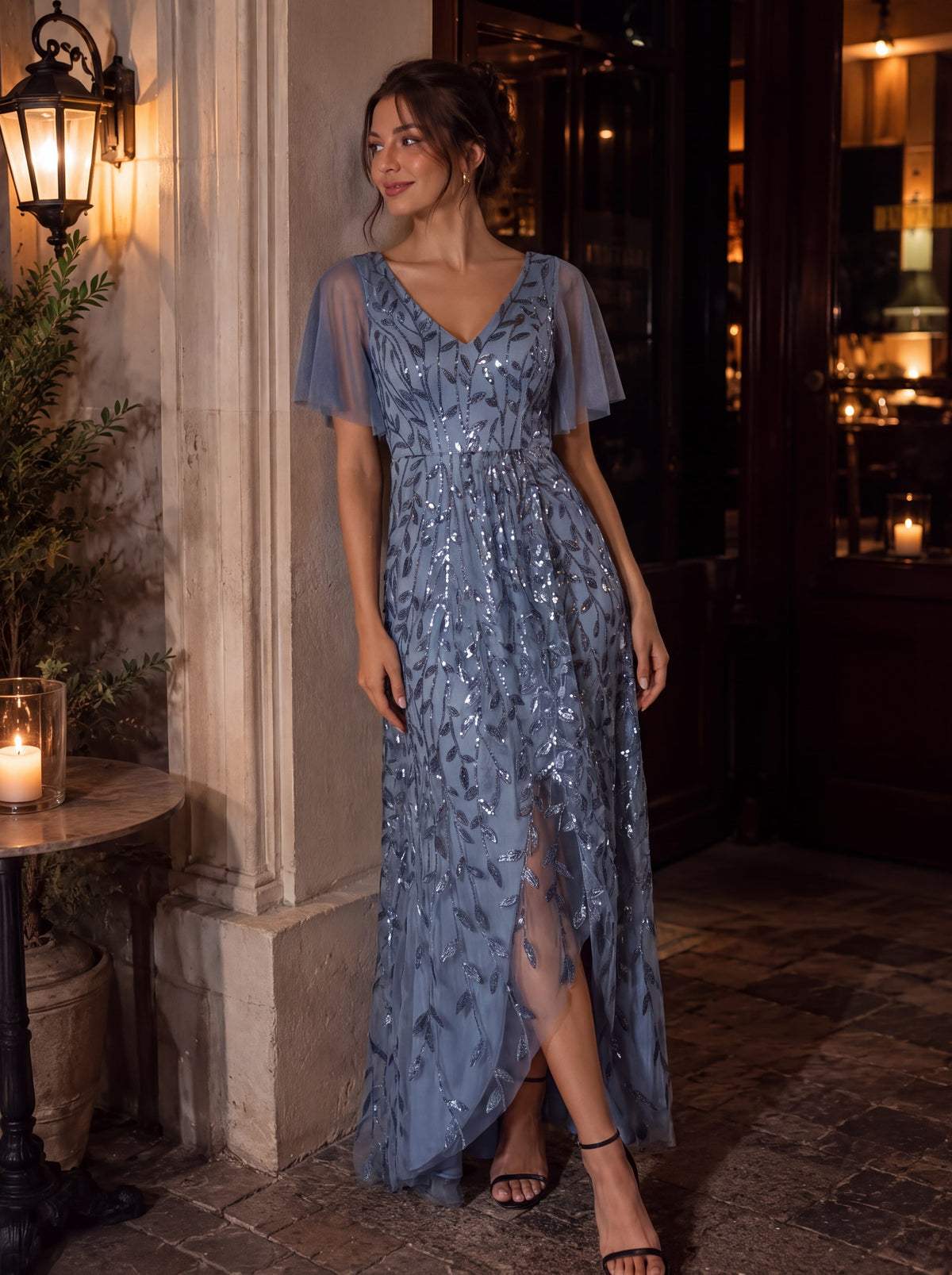 V-Neck Sequined Evening Dresses with High Slit #color_Dusty Blue