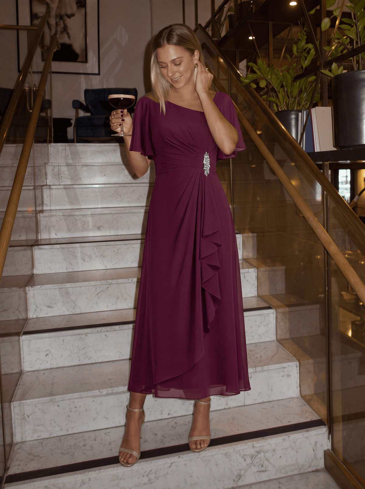 Rhinestone Embellished Chiffon Ruffle Sleeve Evening Dress #color_Burgundy