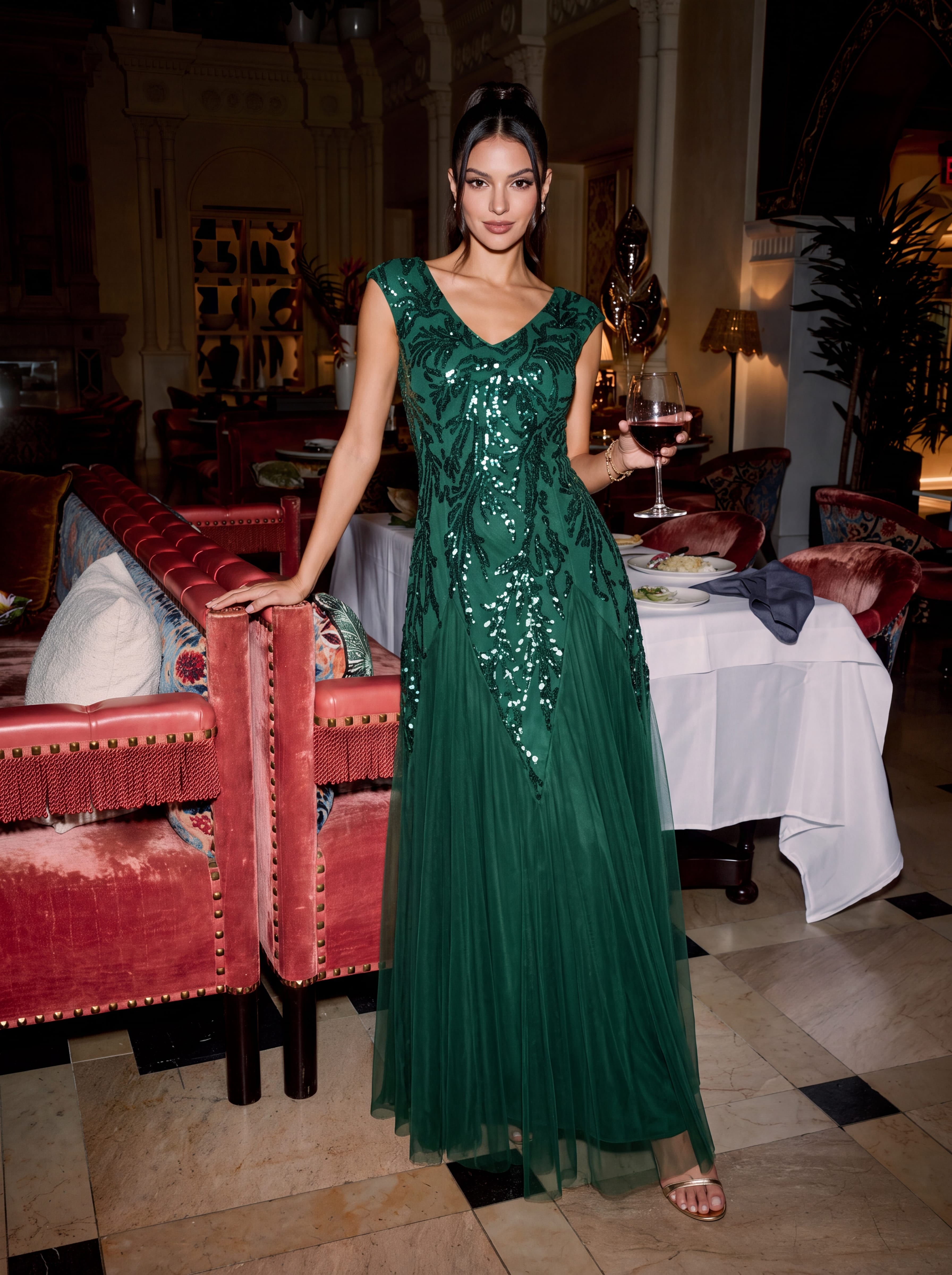 Embroidered Sequin Cap Sleeve Dress #color_Dark Green