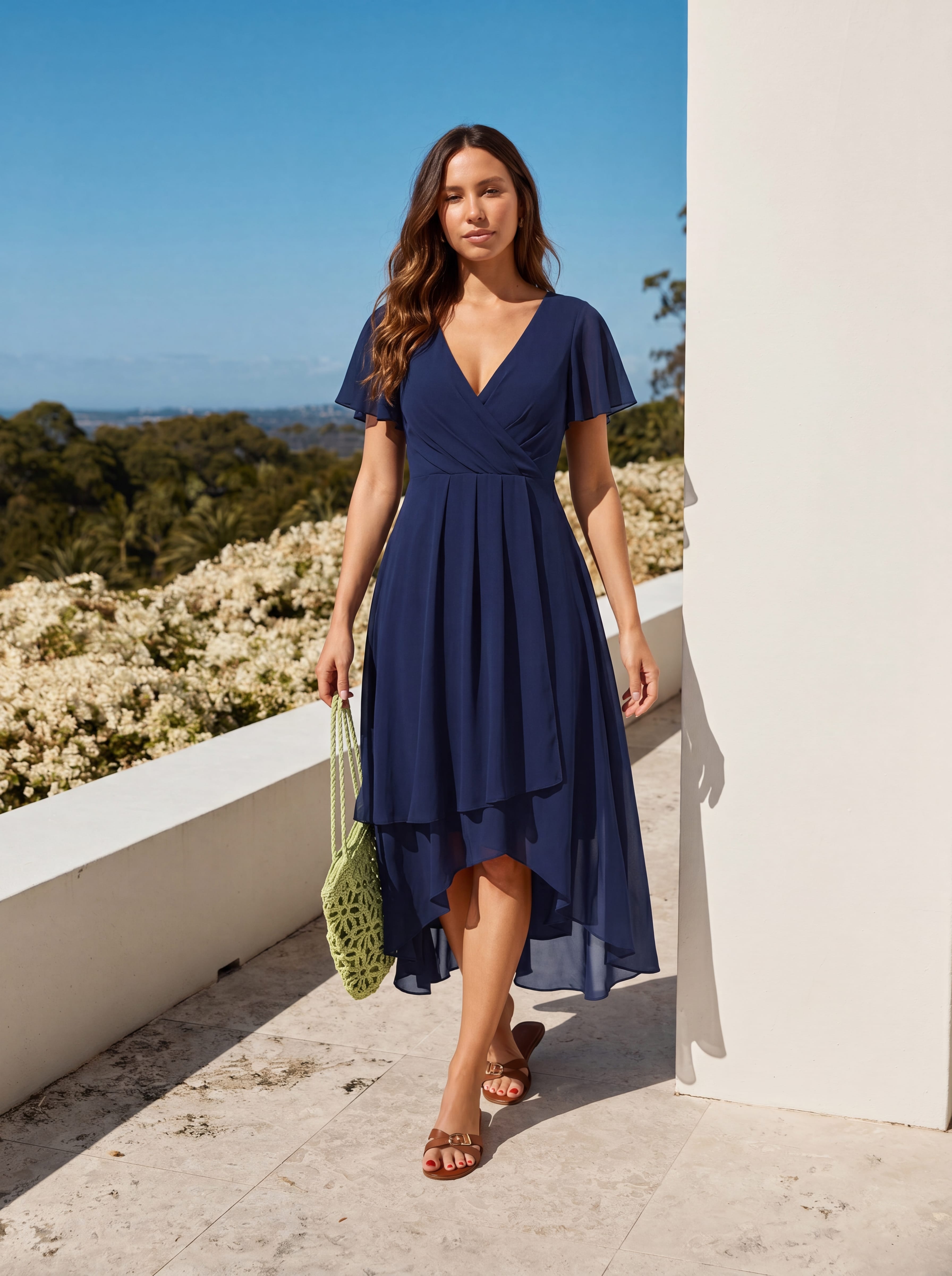 Chiffon Elegance Short Sleeve High-Low Wedding Guest Dress #color_Navy Blue