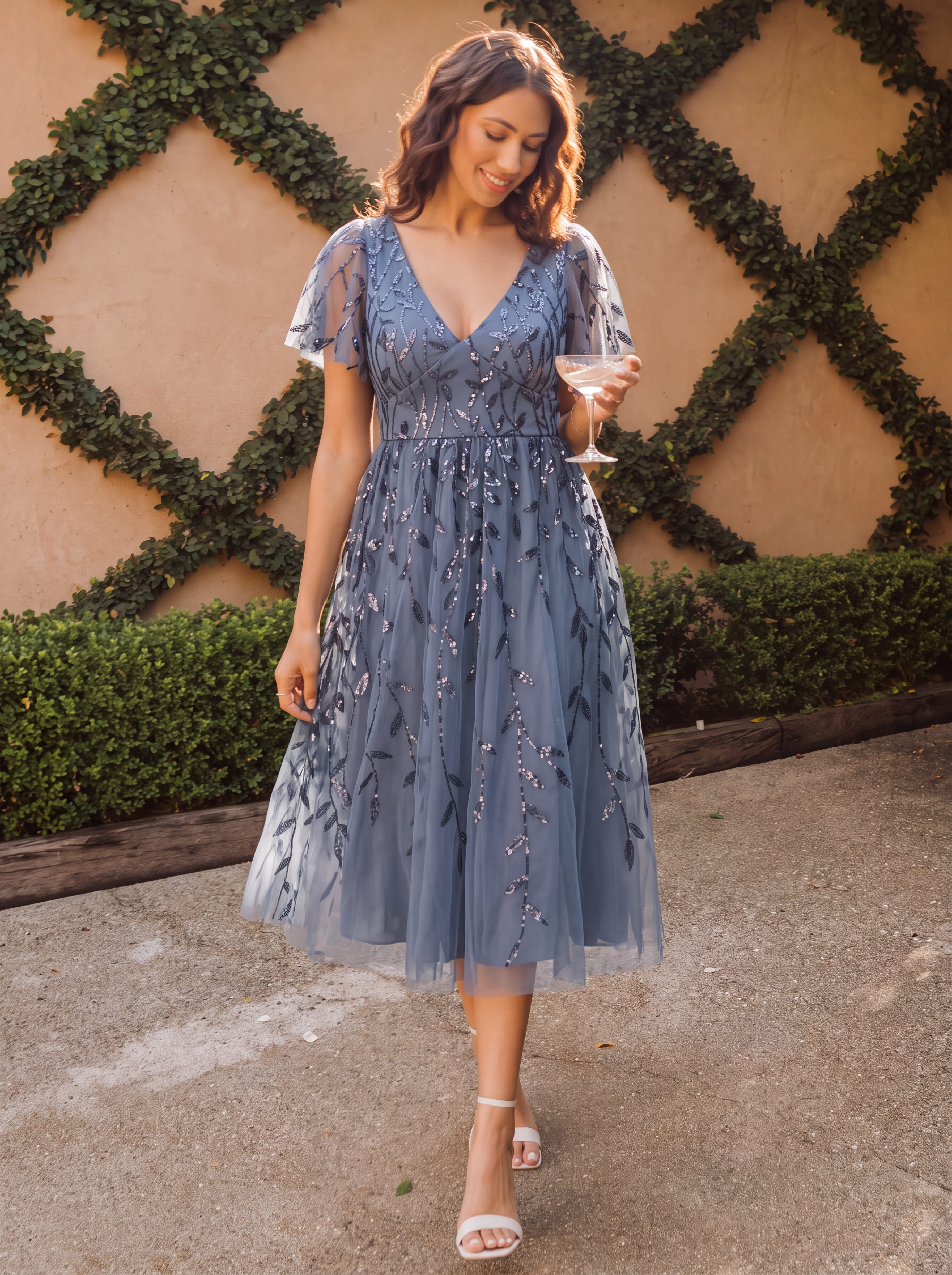 Leaf Sequin Short Sleeve Tulle Midi Wedding Guest Dress #color_Dusty Blue