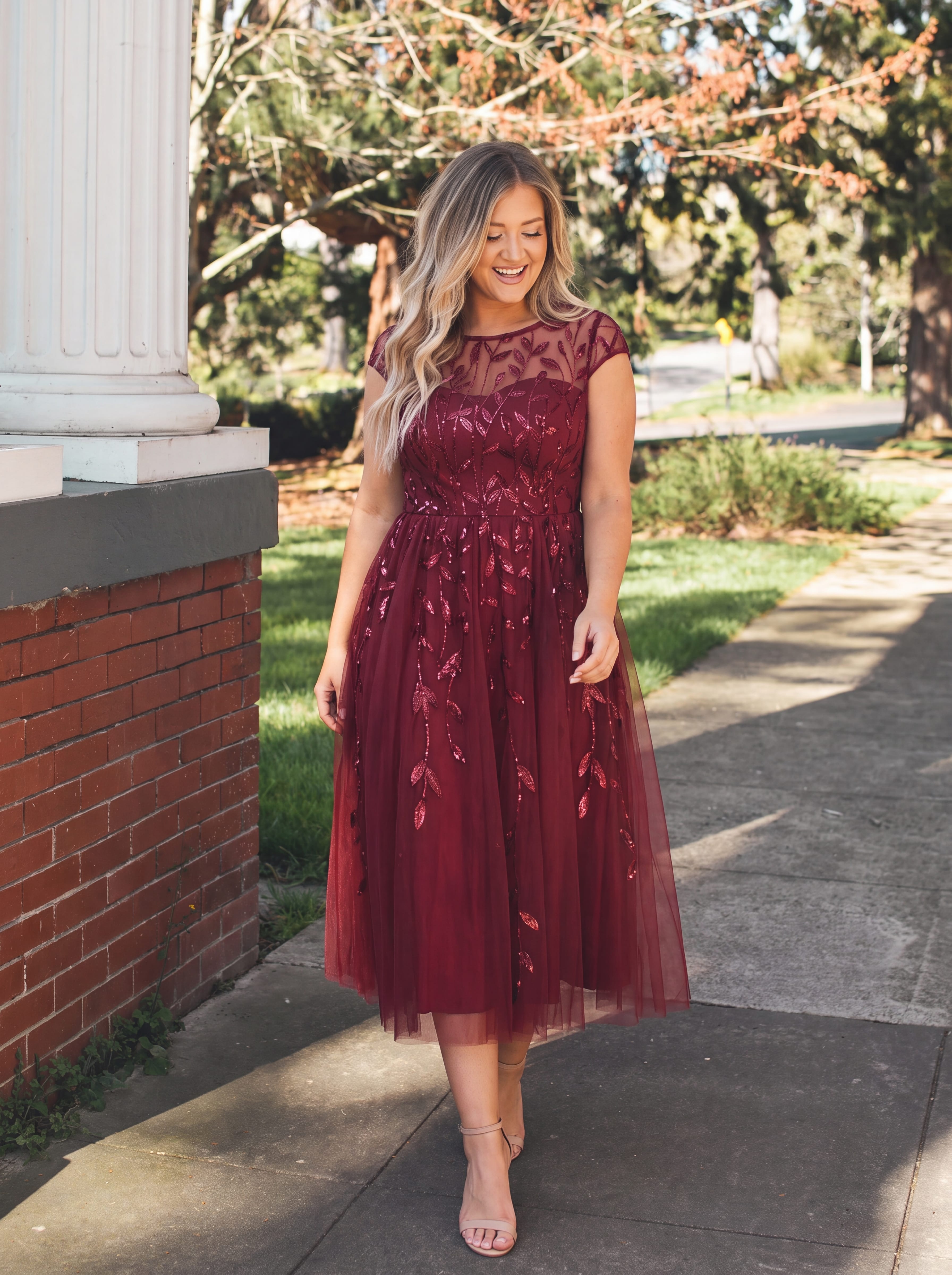 See-through Sequin Cap Sleeve Dress #color_Burgundy