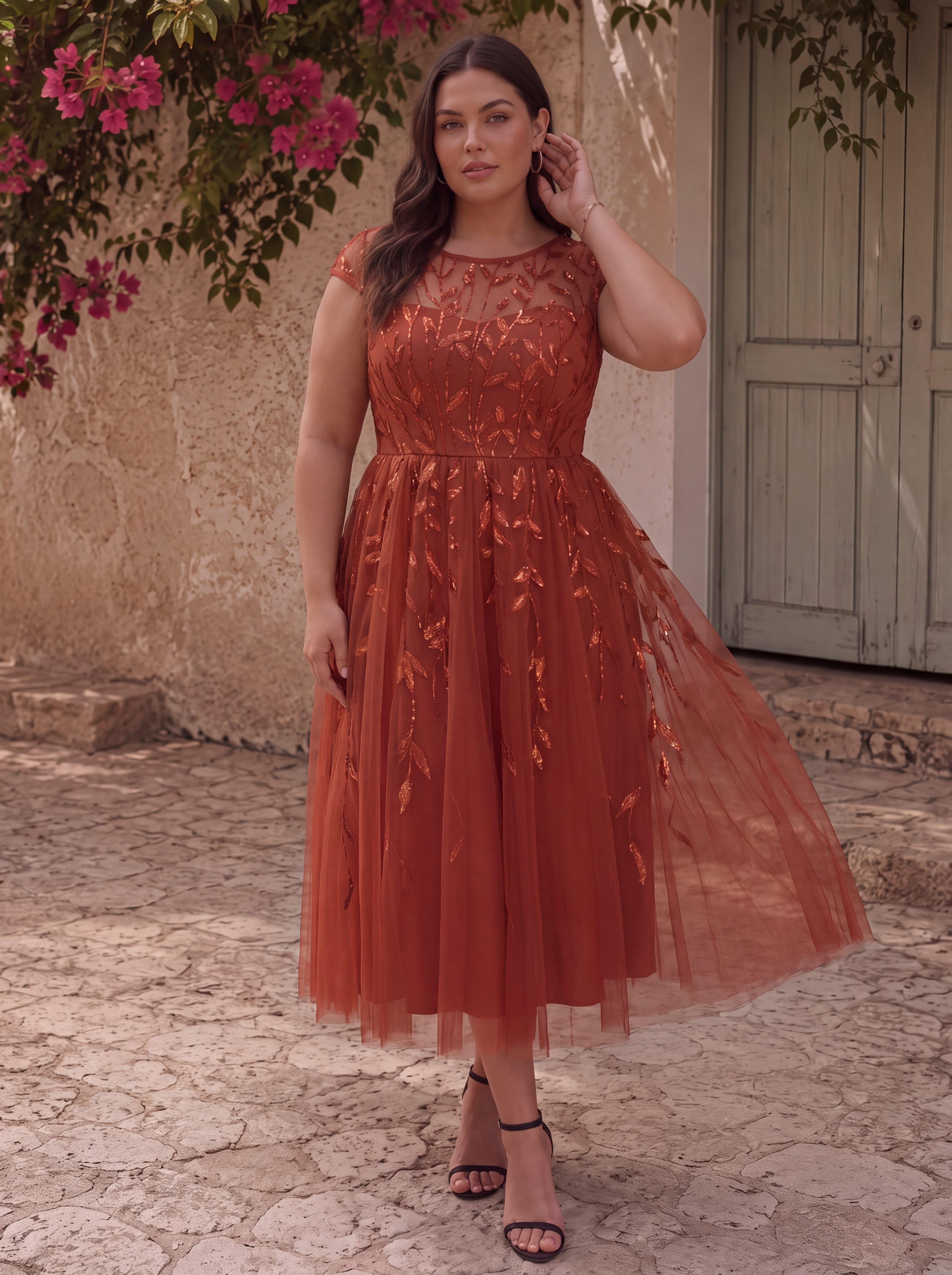 See-through Sequin Cap Sleeve Dress #color_Burnt Orange