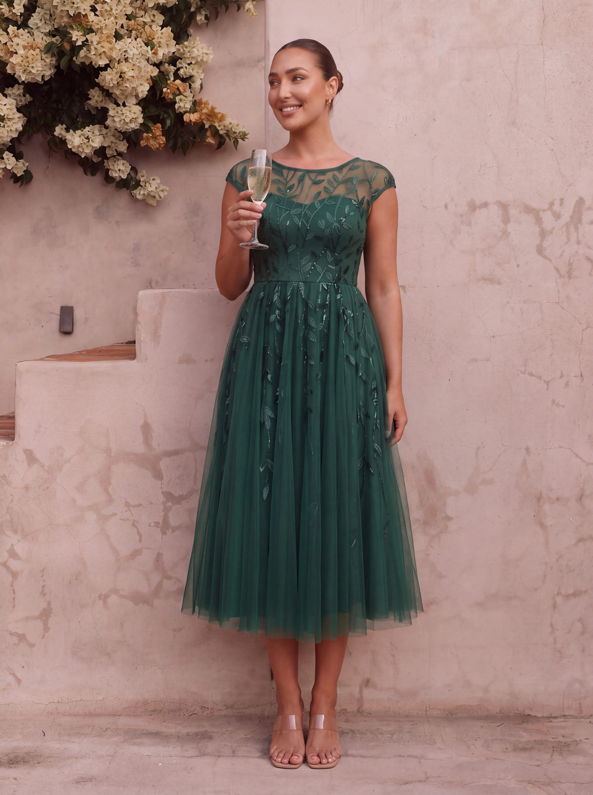 See-through Sequin Cap Sleeve Dress #color_Eucalyptus Green