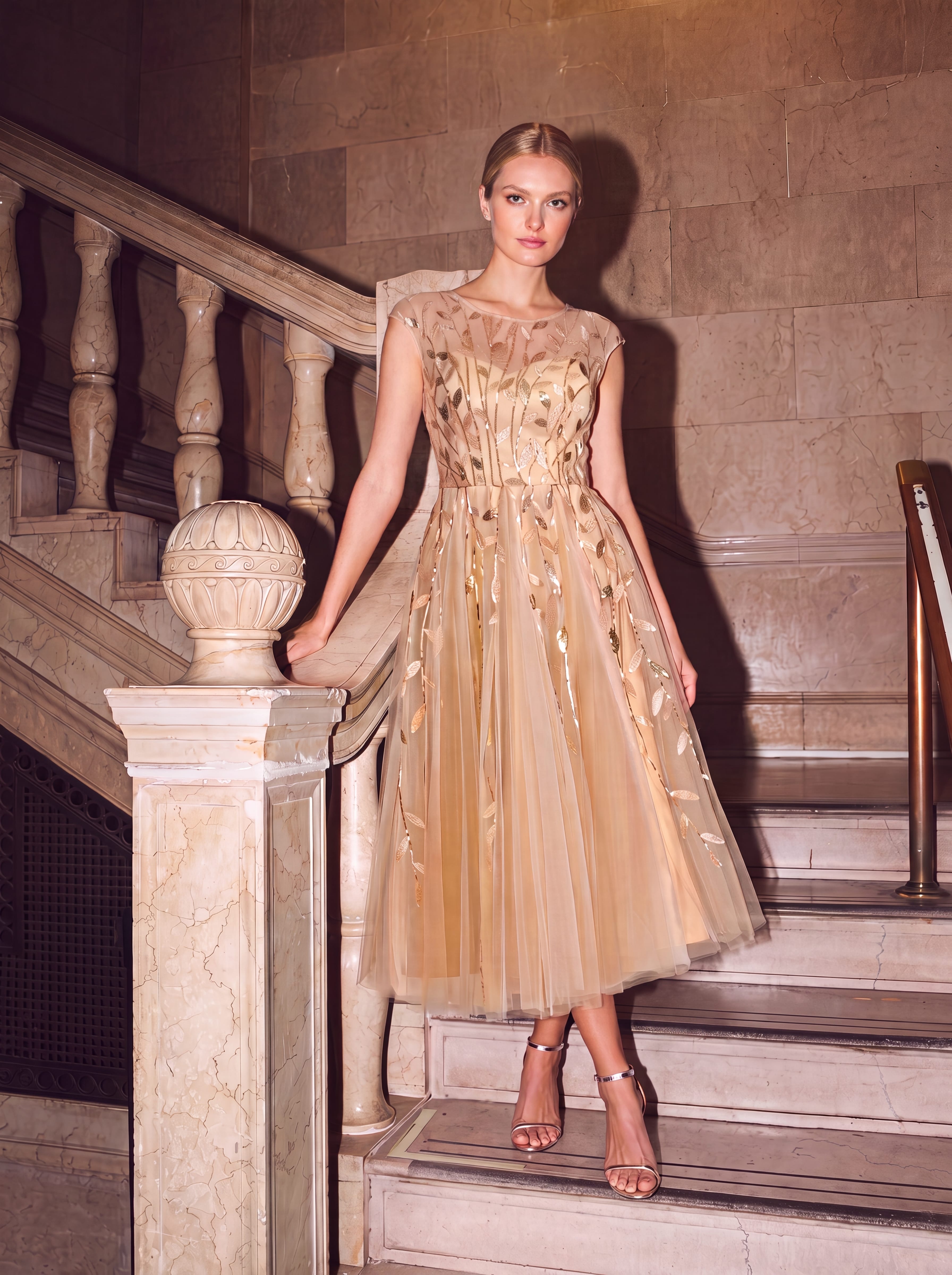 See-through Sequin Cap Sleeve Dress #color_Gold