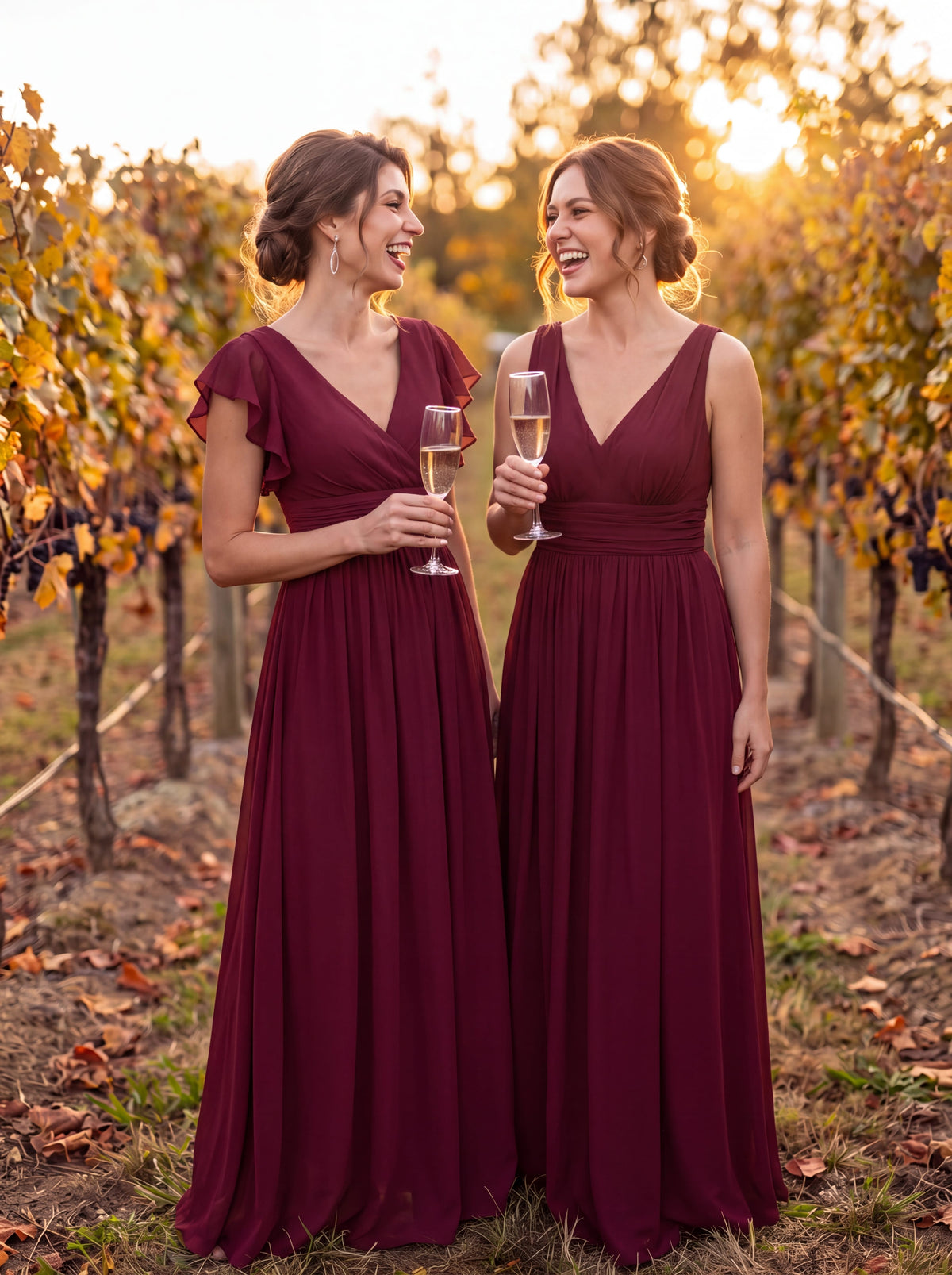V Neck Sleeveless Pleated Chiffon Evening Dress #color_Burgundy